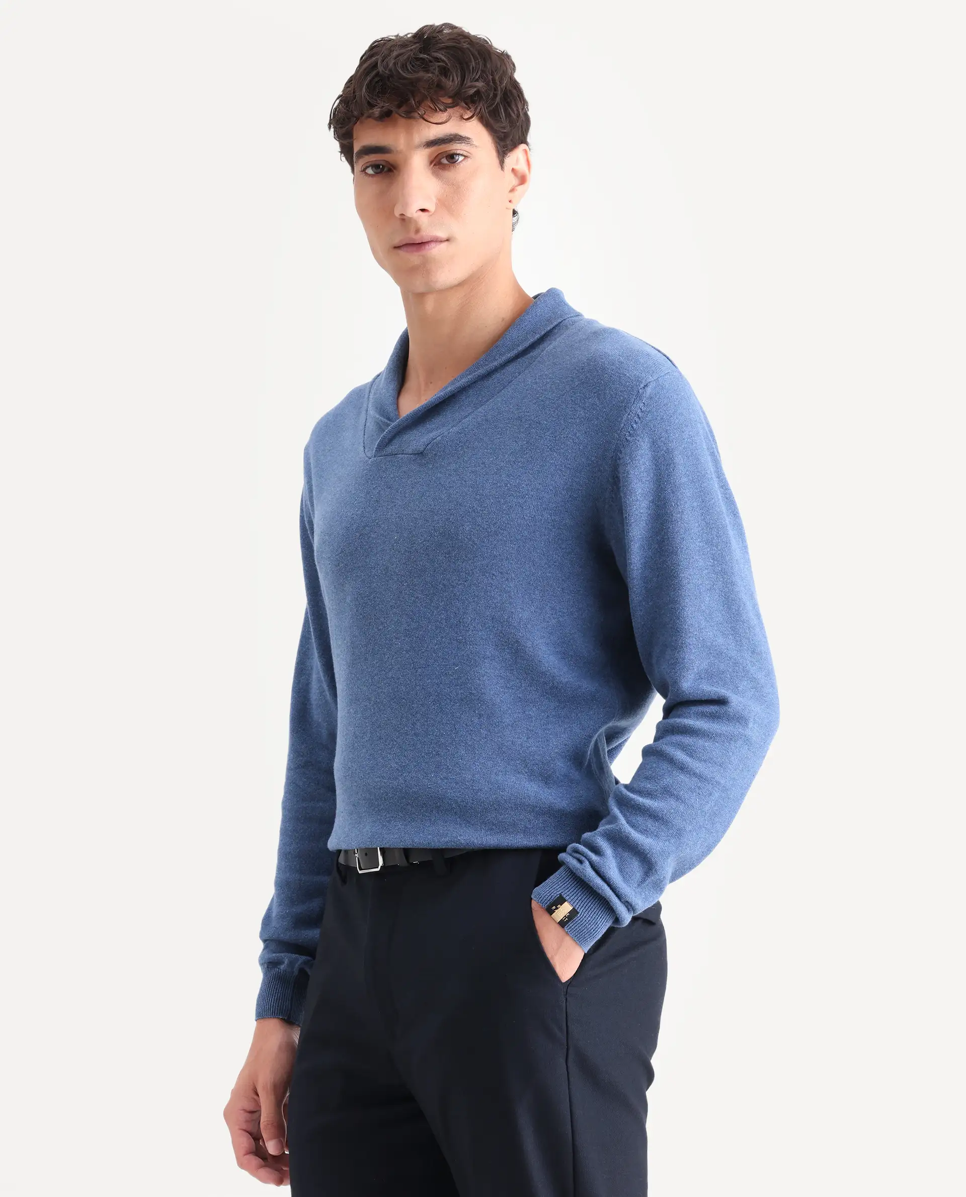 Rare Rabbit Men's Denvy Blue Cotton Plain Regular Fit Full Sleeve Shawl Neck Sweater - Image 6