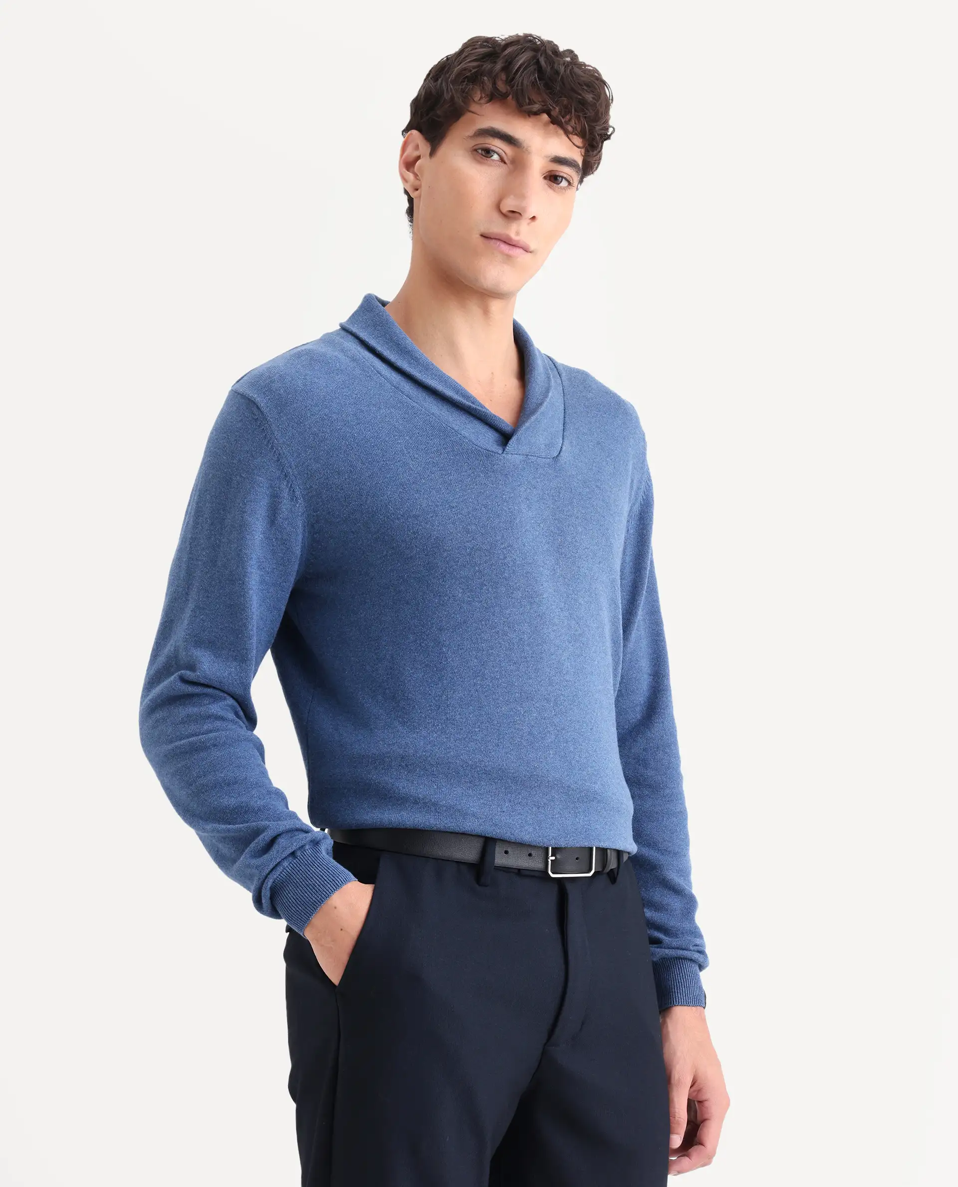 Rare Rabbit Men's Denvy Blue Cotton Plain Regular Fit Full Sleeve Shawl Neck Sweater - Image 7
