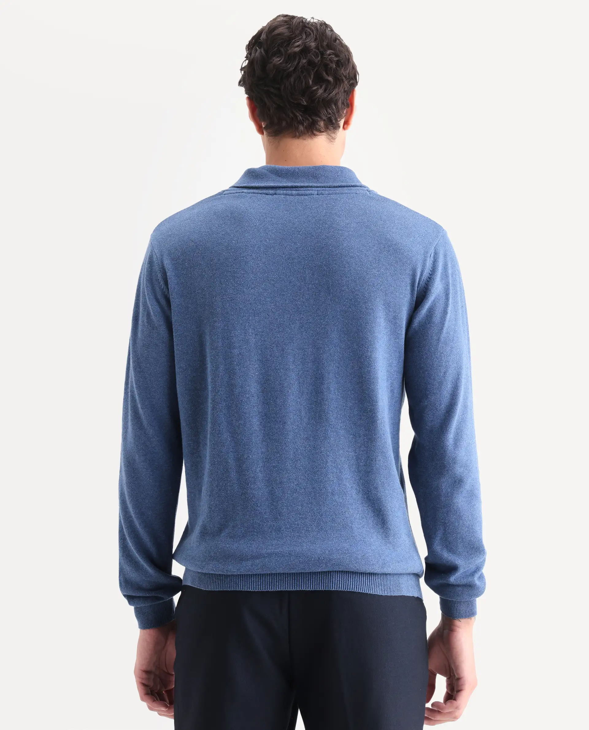 Rare Rabbit Men's Denvy Blue Cotton Plain Regular Fit Full Sleeve Shawl Neck Sweater - Image 8