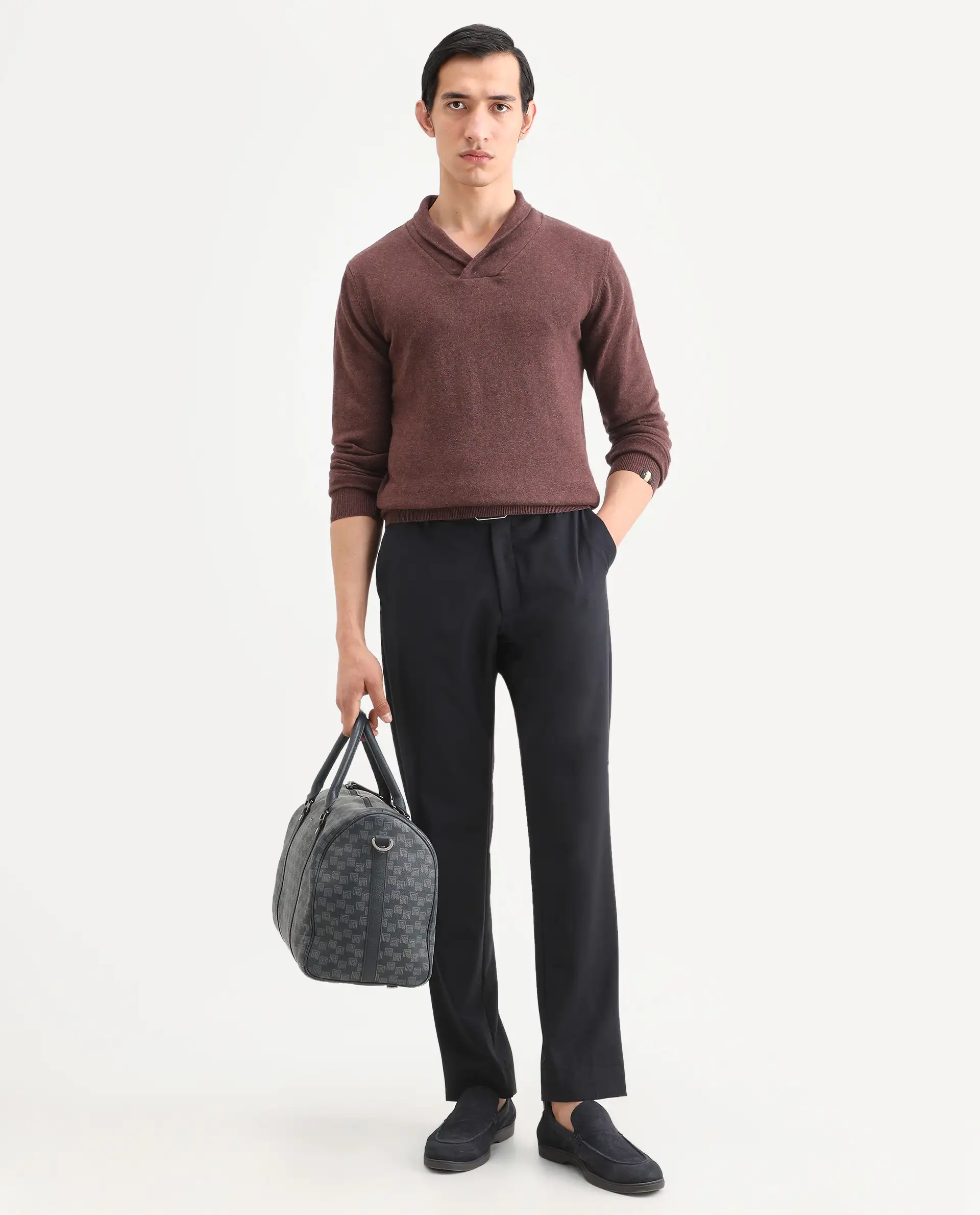 Rare Rabbit Men's Denvy Brown Cotton Plain Regular Fit Full Sleeve Shawl Neck Sweater - Image 2