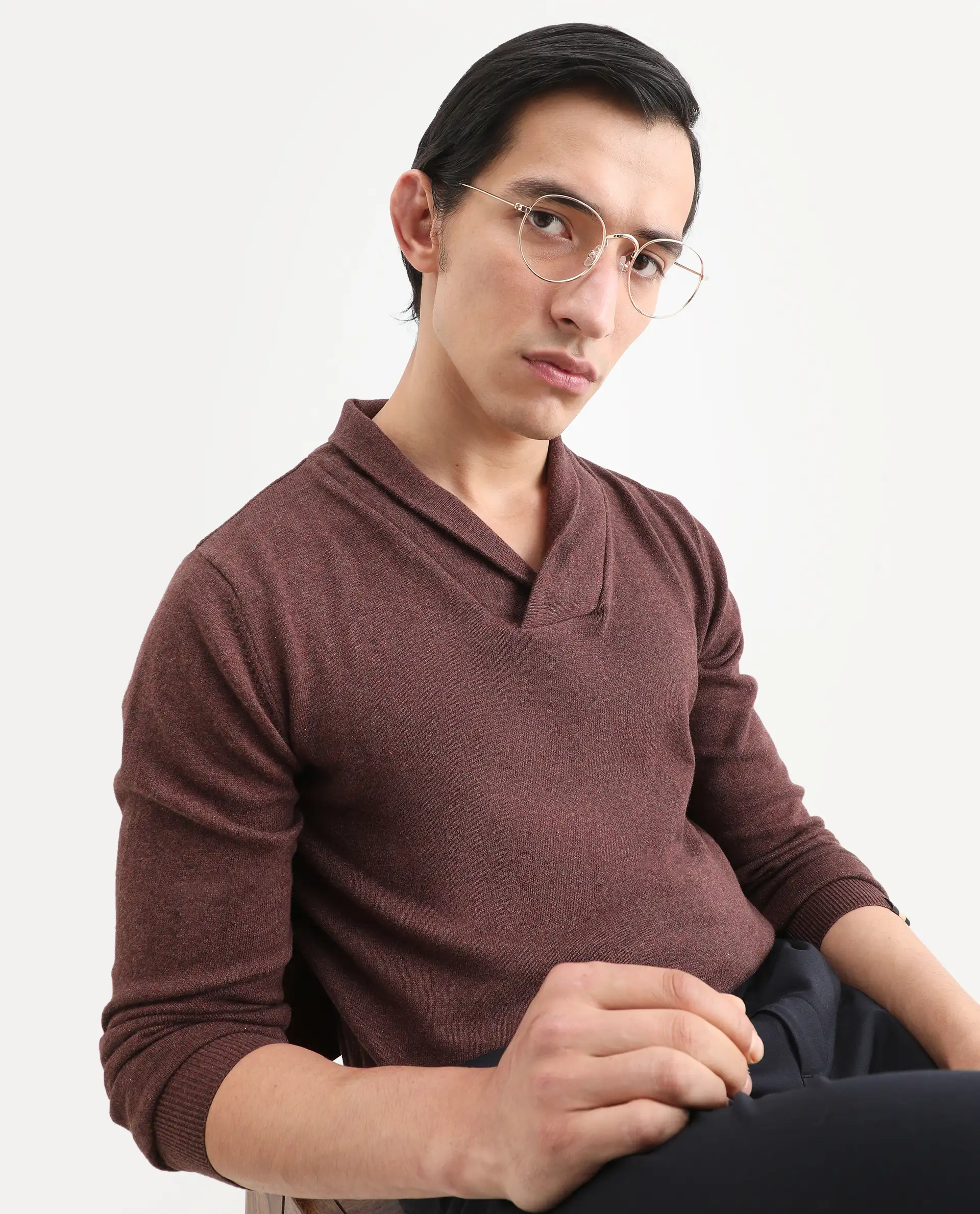 Rare Rabbit Men's Denvy Brown Cotton Plain Regular Fit Full Sleeve Shawl Neck Sweater - Image 5