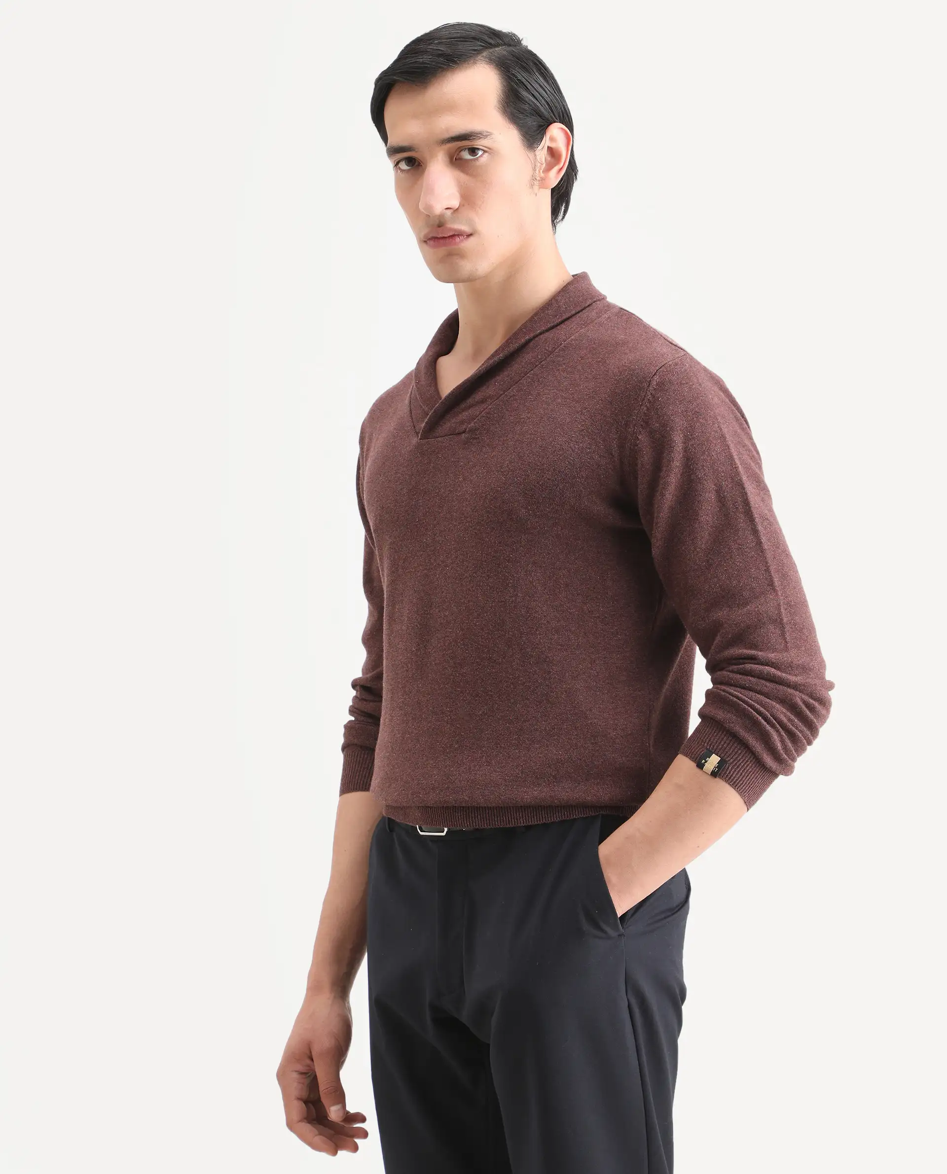 Rare Rabbit Men's Denvy Brown Cotton Plain Regular Fit Full Sleeve Shawl Neck Sweater - Image 7