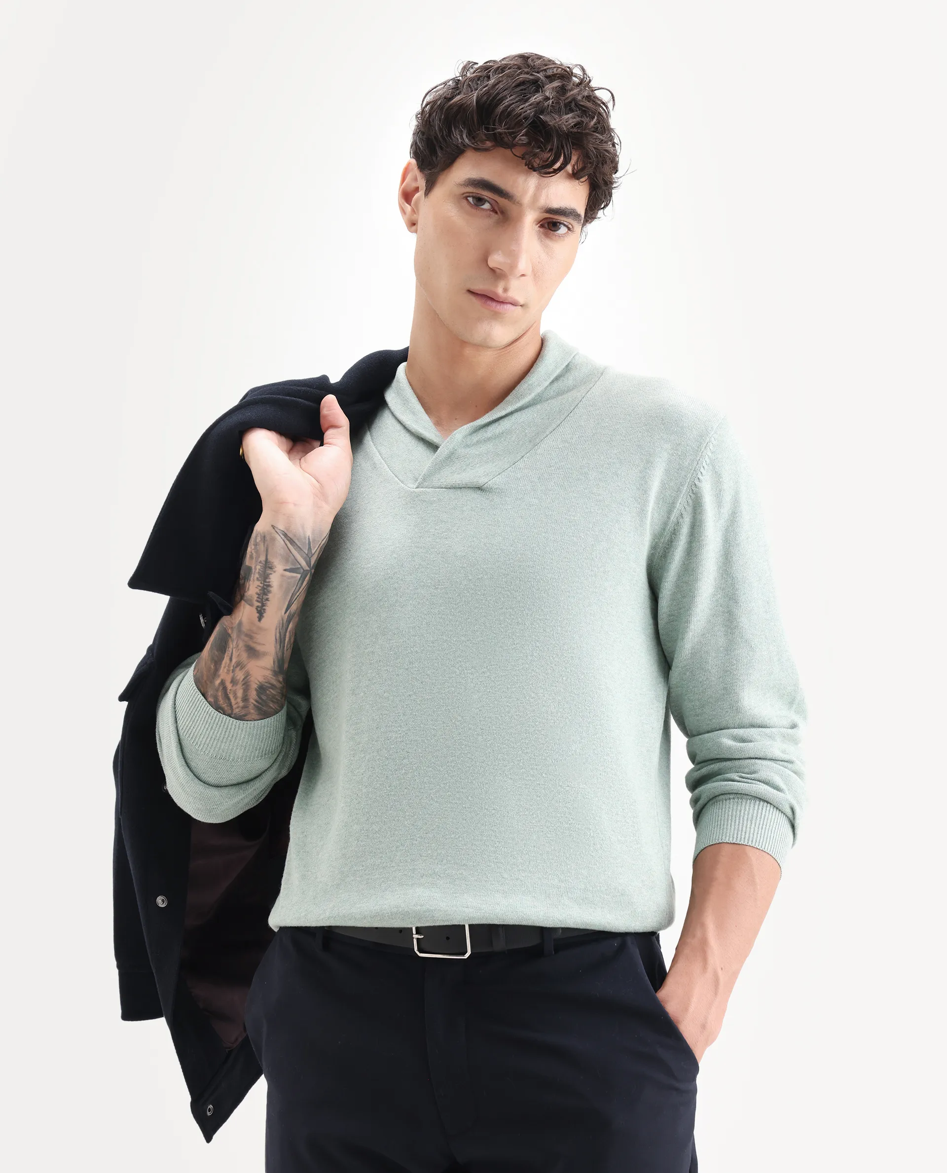 Rare Rabbit Men's Denvy Green Cotton Plain Regular Fit Full Sleeve Shawl Neck Sweater