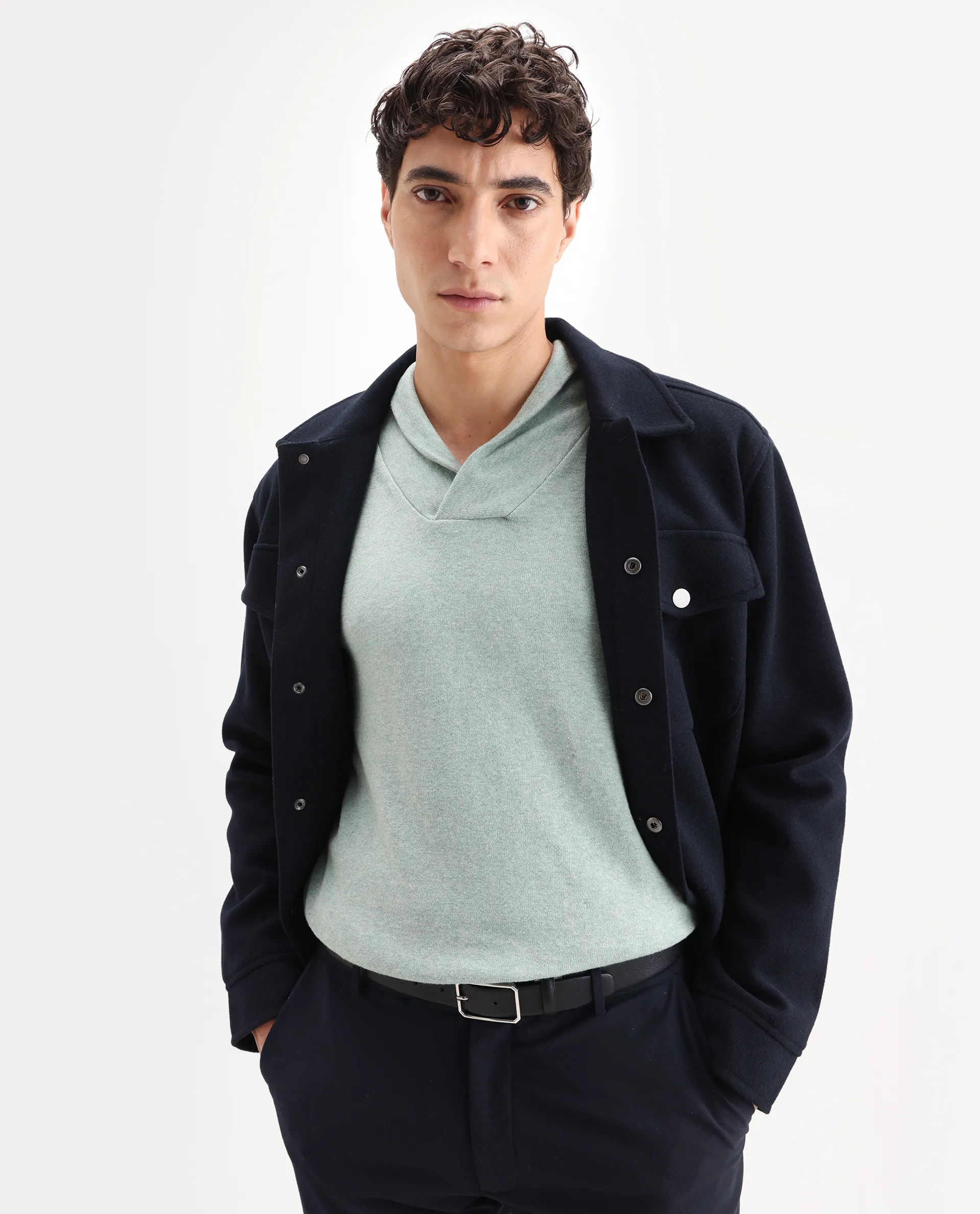 Rare Rabbit Men's Denvy Green Cotton Plain Regular Fit Full Sleeve Shawl Neck Sweater - Image 7