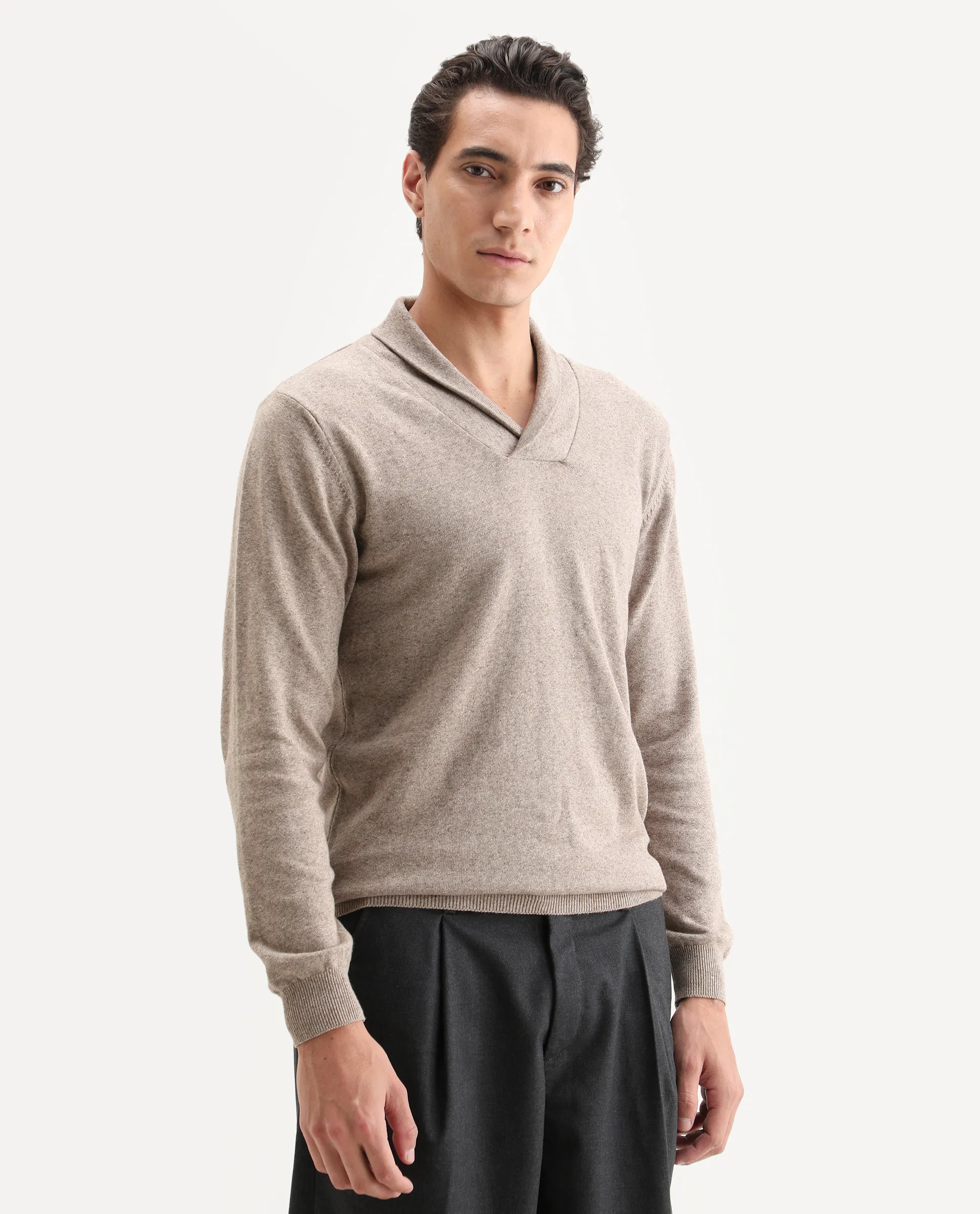Rare Rabbit Men's Denvy Beige Cotton Plain Regular Fit Full Sleeve Shawl Neck Sweater - Image 3