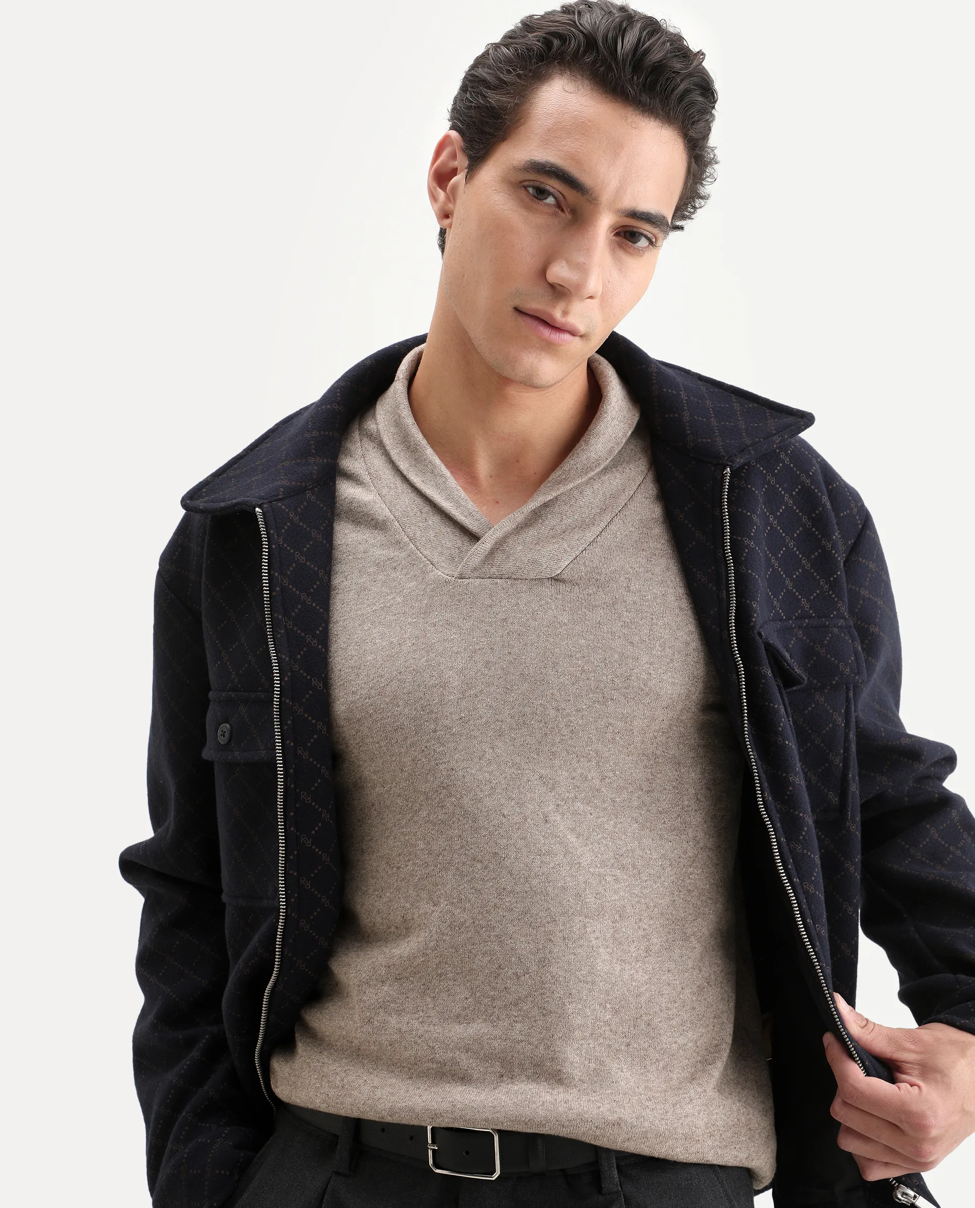 Rare Rabbit Men's Denvy Beige Cotton Plain Regular Fit Full Sleeve Shawl Neck Sweater - Image 4
