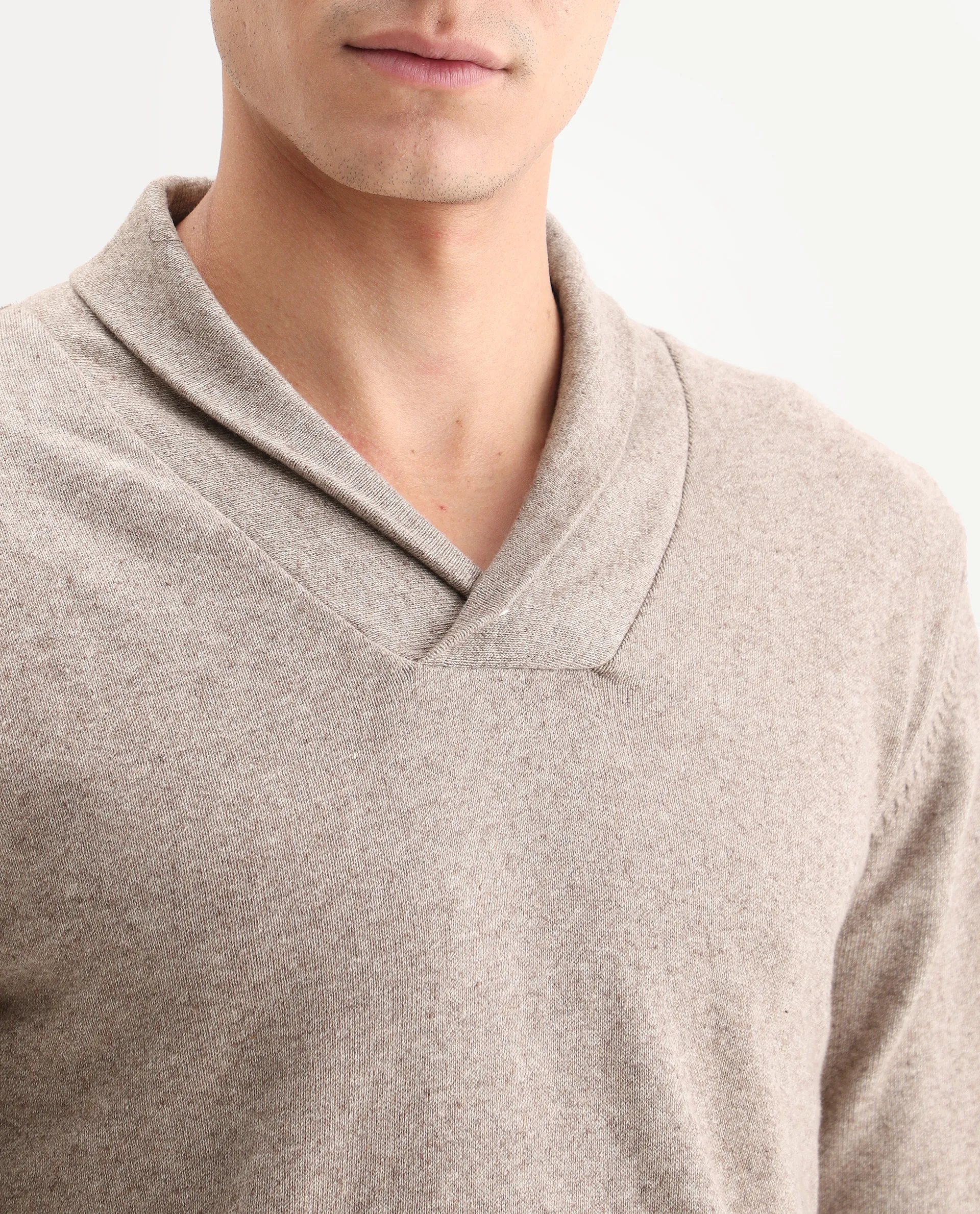 Rare Rabbit Men's Denvy Beige Cotton Plain Regular Fit Full Sleeve Shawl Neck Sweater - Image 5