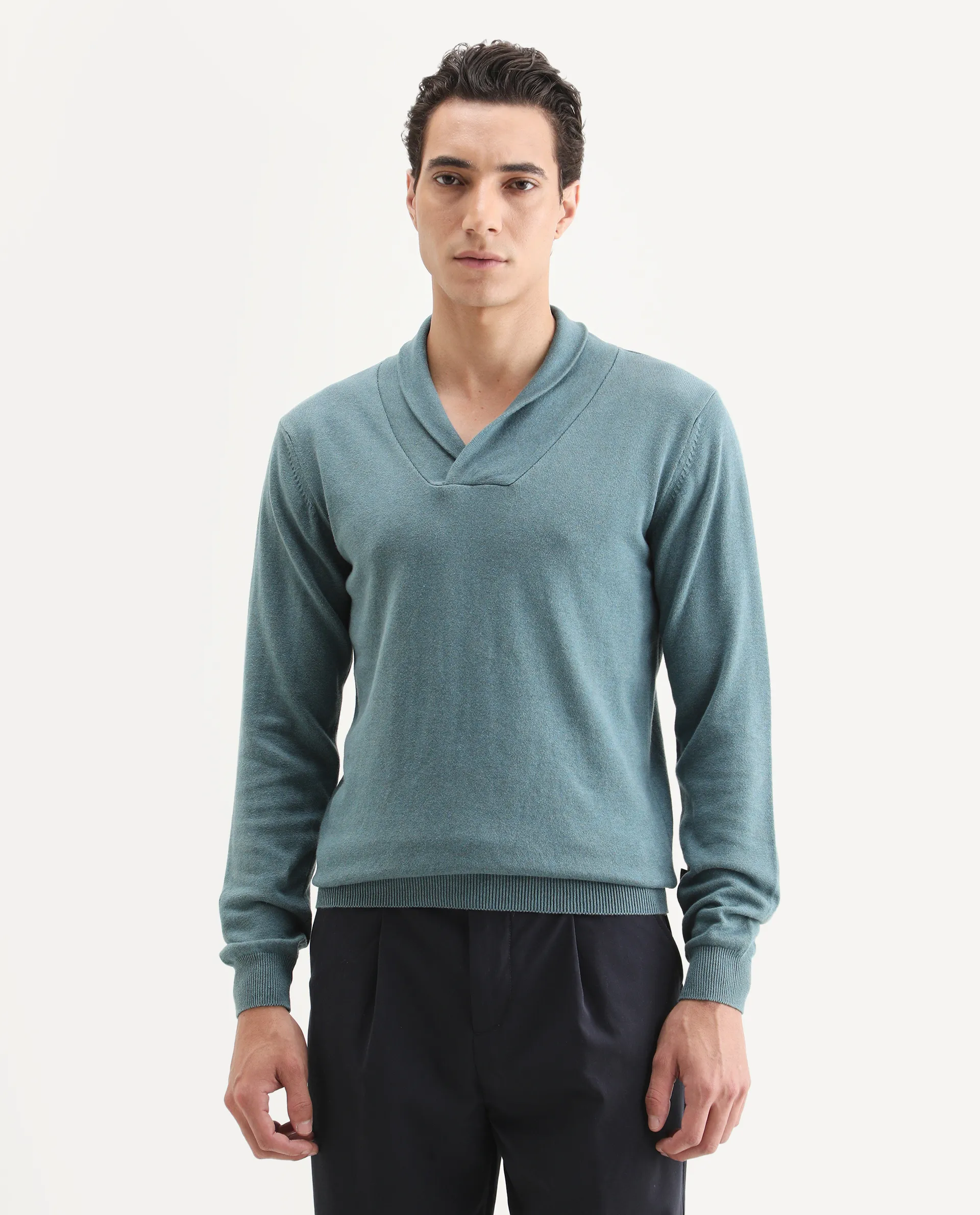 Rare Rabbit Men's Denvy Blue Cotton Plain Regular Fit Full Sleeve Shawl Neck Sweater - Image 3
