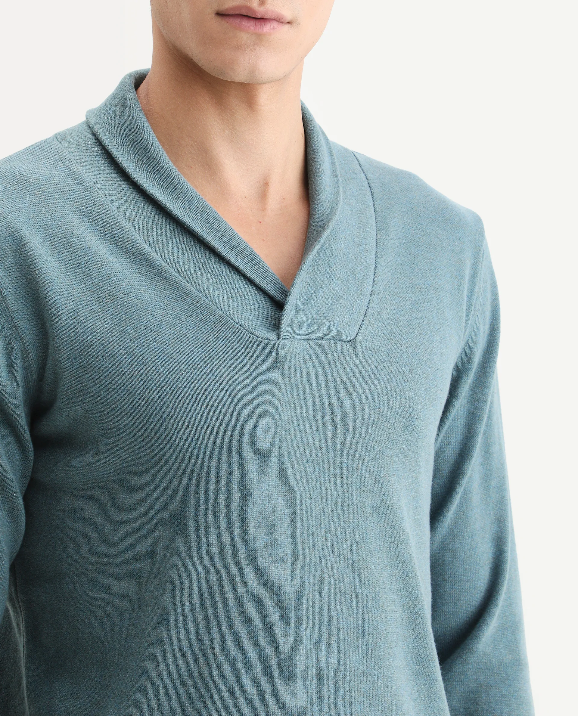 Rare Rabbit Men's Denvy Blue Cotton Plain Regular Fit Full Sleeve Shawl Neck Sweater - Image 4