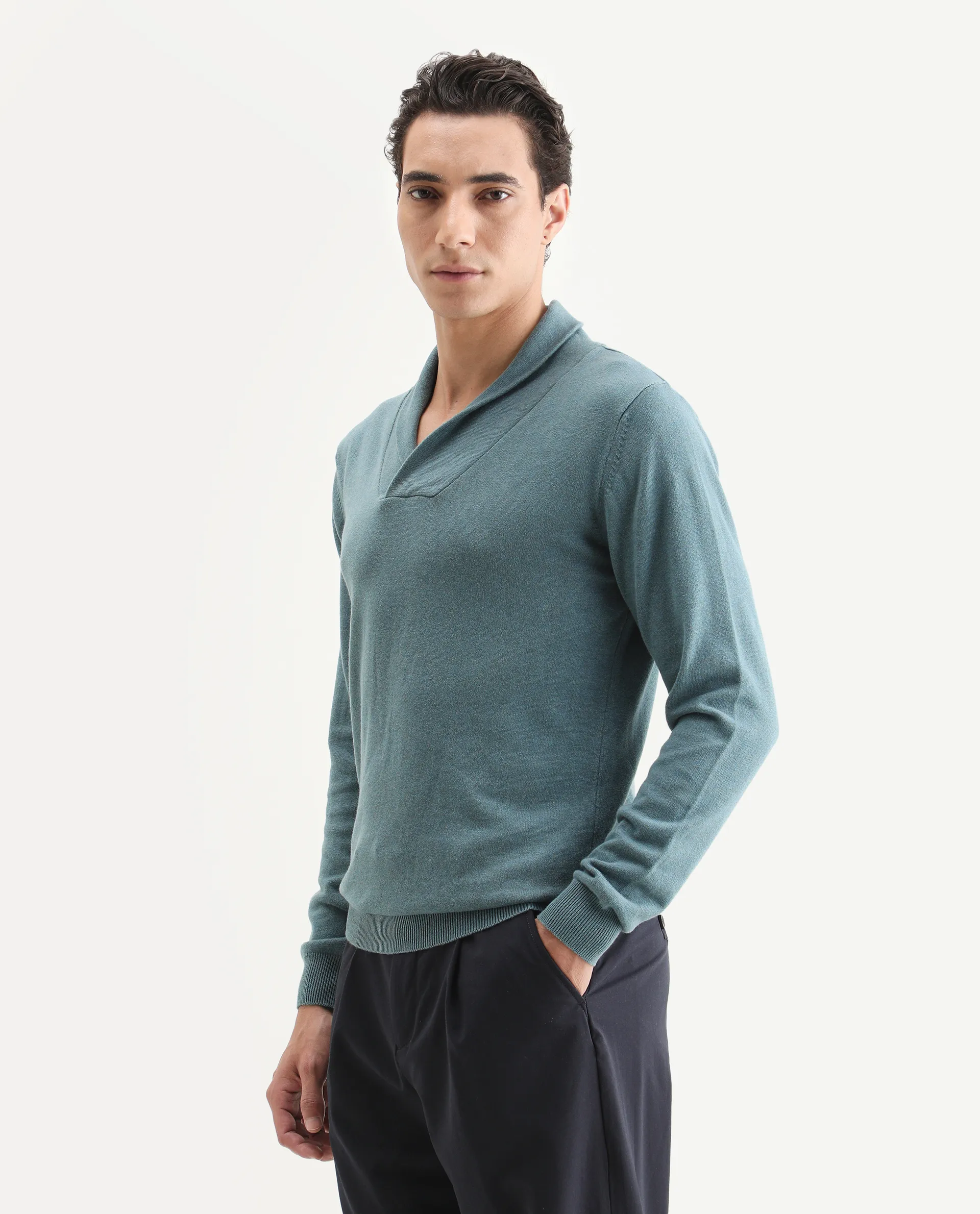 Rare Rabbit Men's Denvy Blue Cotton Plain Regular Fit Full Sleeve Shawl Neck Sweater - Image 5