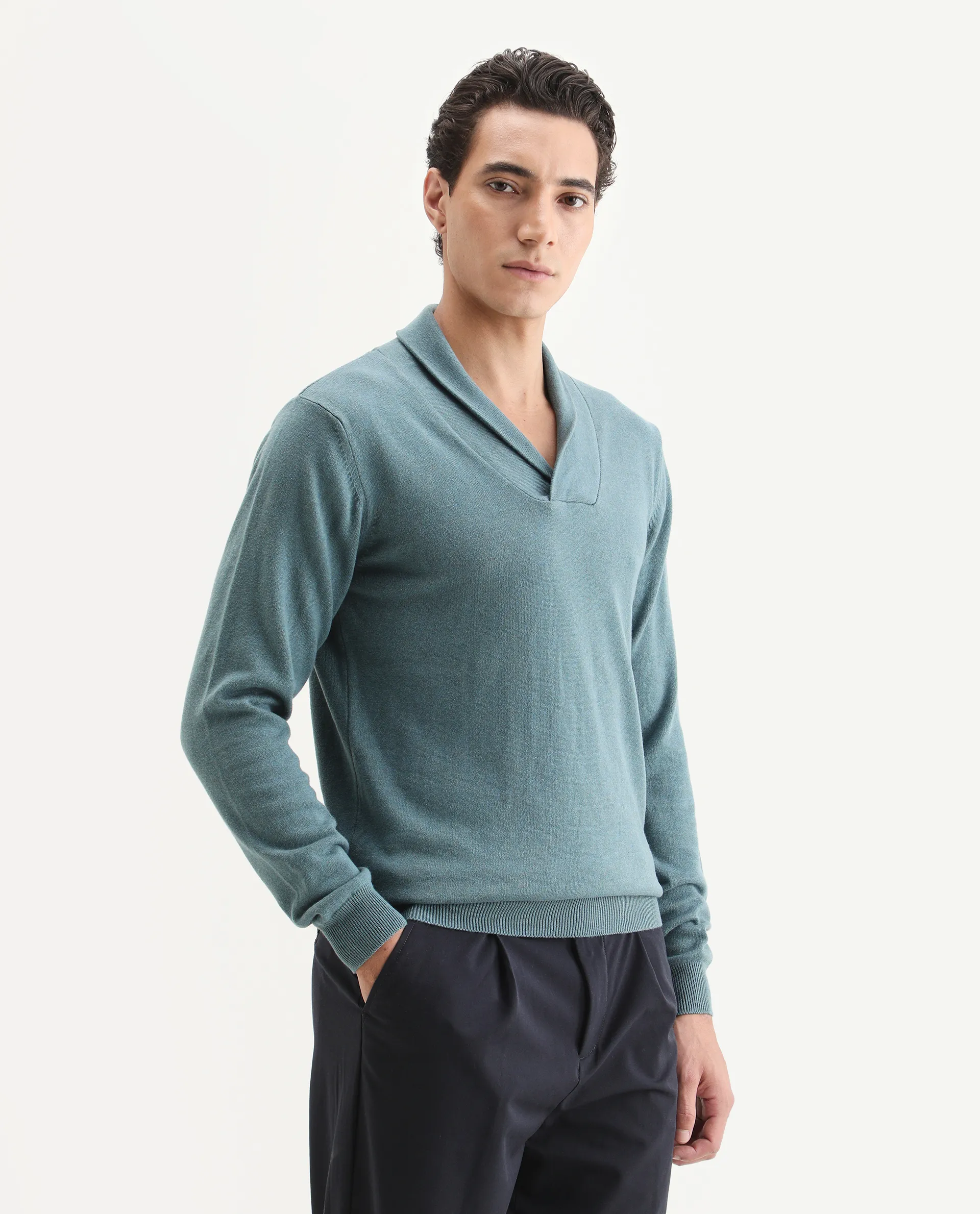 Rare Rabbit Men's Denvy Blue Cotton Plain Regular Fit Full Sleeve Shawl Neck Sweater - Image 6