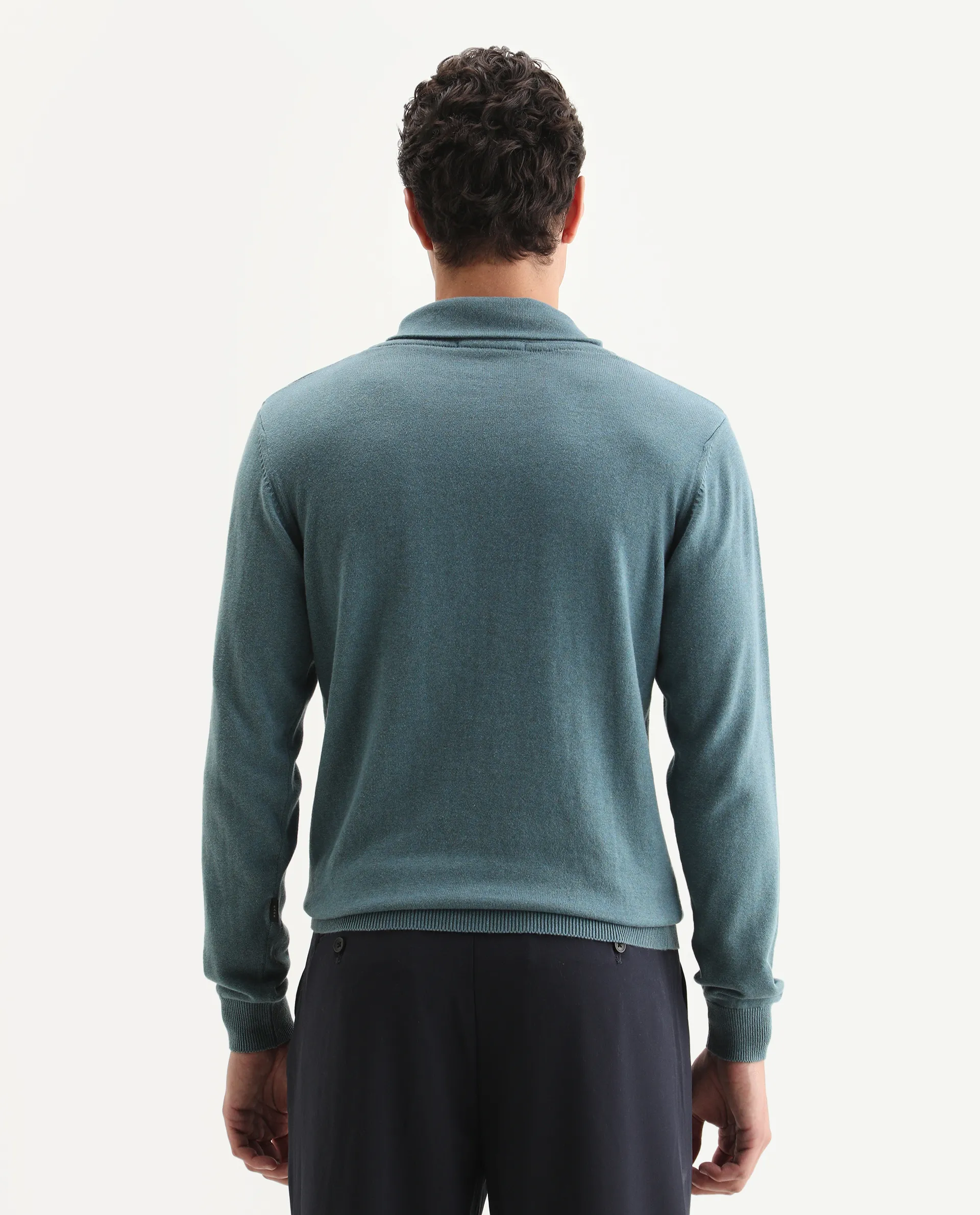 Rare Rabbit Men's Denvy Blue Cotton Plain Regular Fit Full Sleeve Shawl Neck Sweater - Image 7
