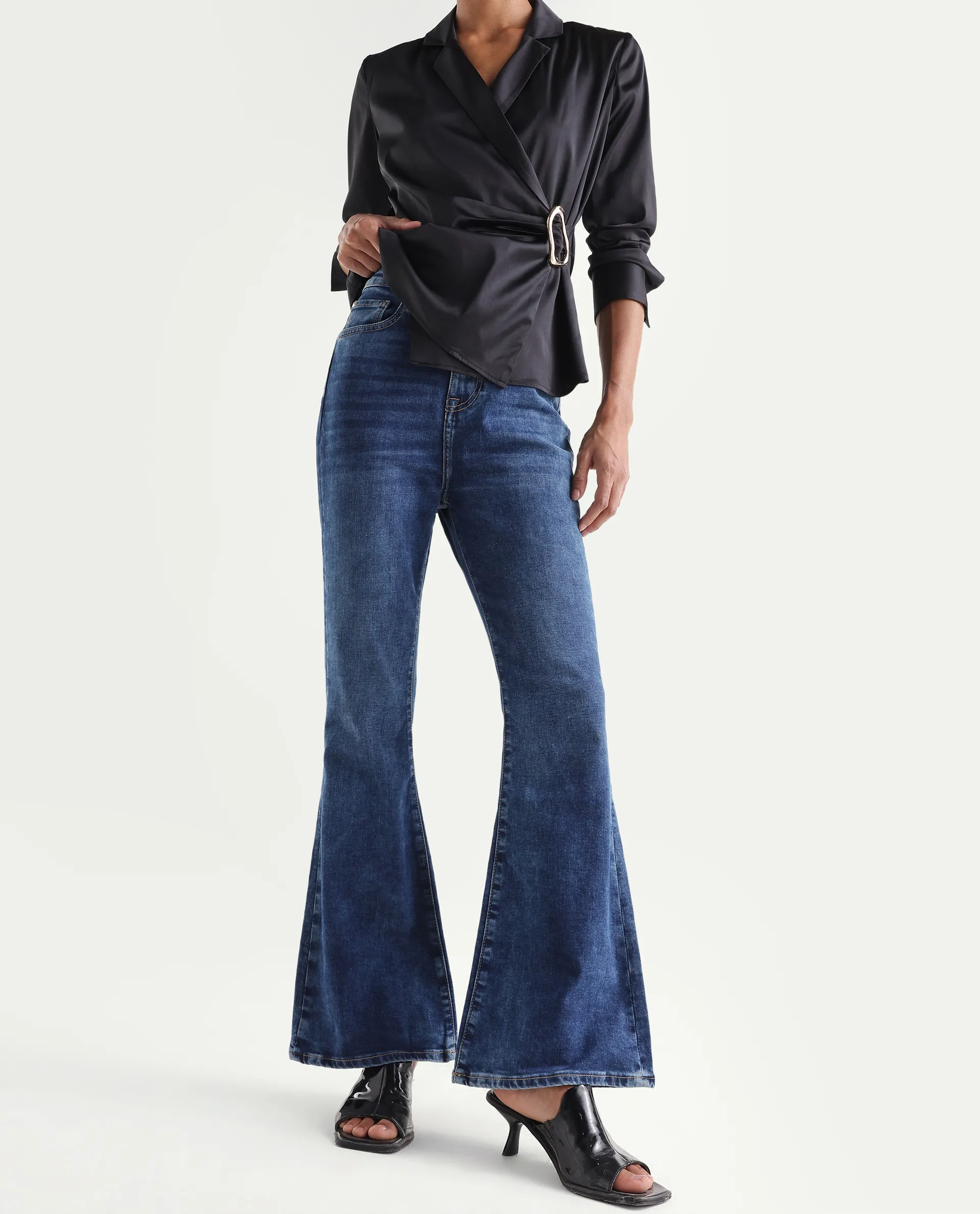 Rareism Women's Denza Blue Cotton Blend Bootcut Plain Jeans - Image 2