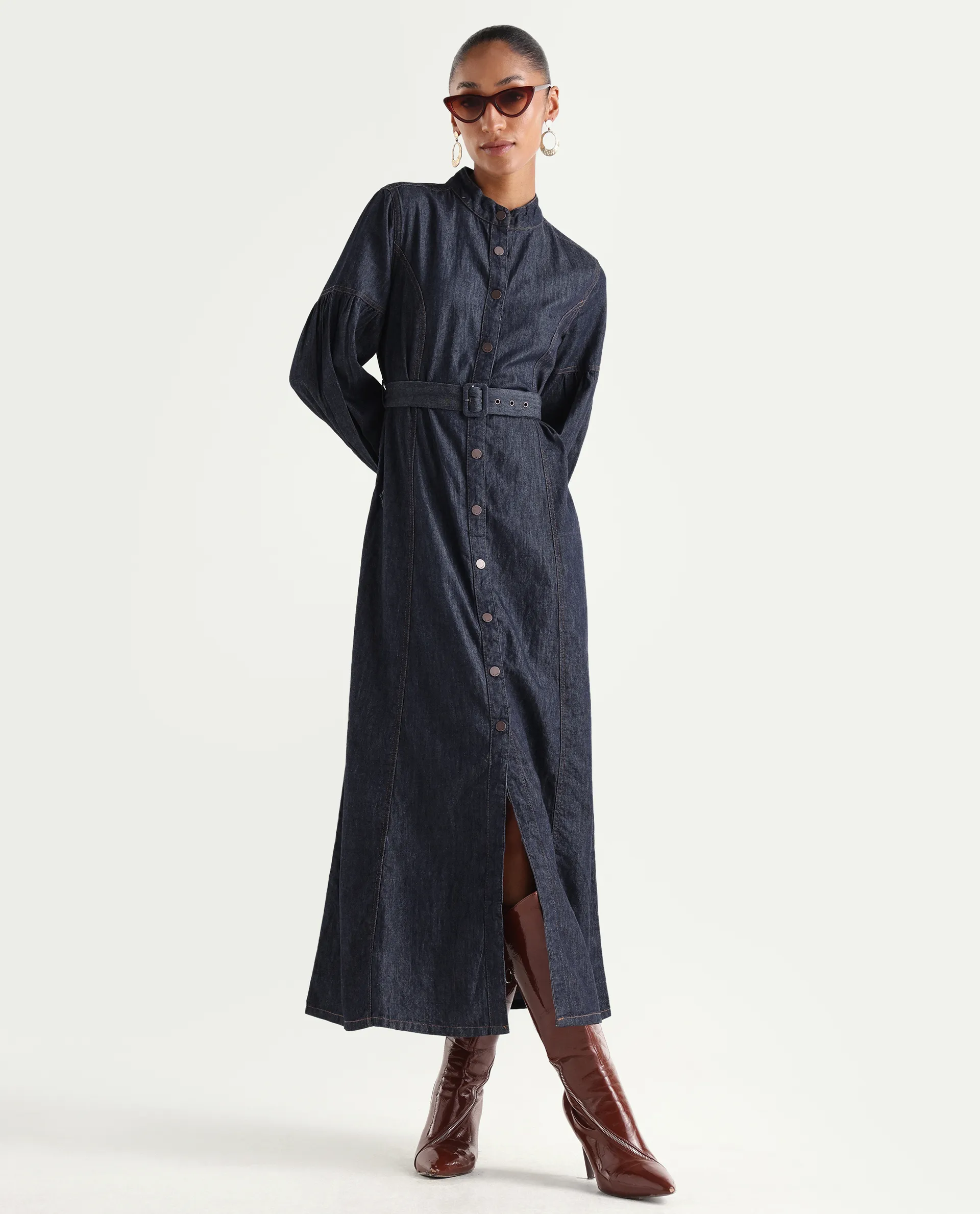 Rareism Women's Denzia Dark Blue Cotton Full Sleeve Spread Collar Regular Fit Plain Dress - Image 2