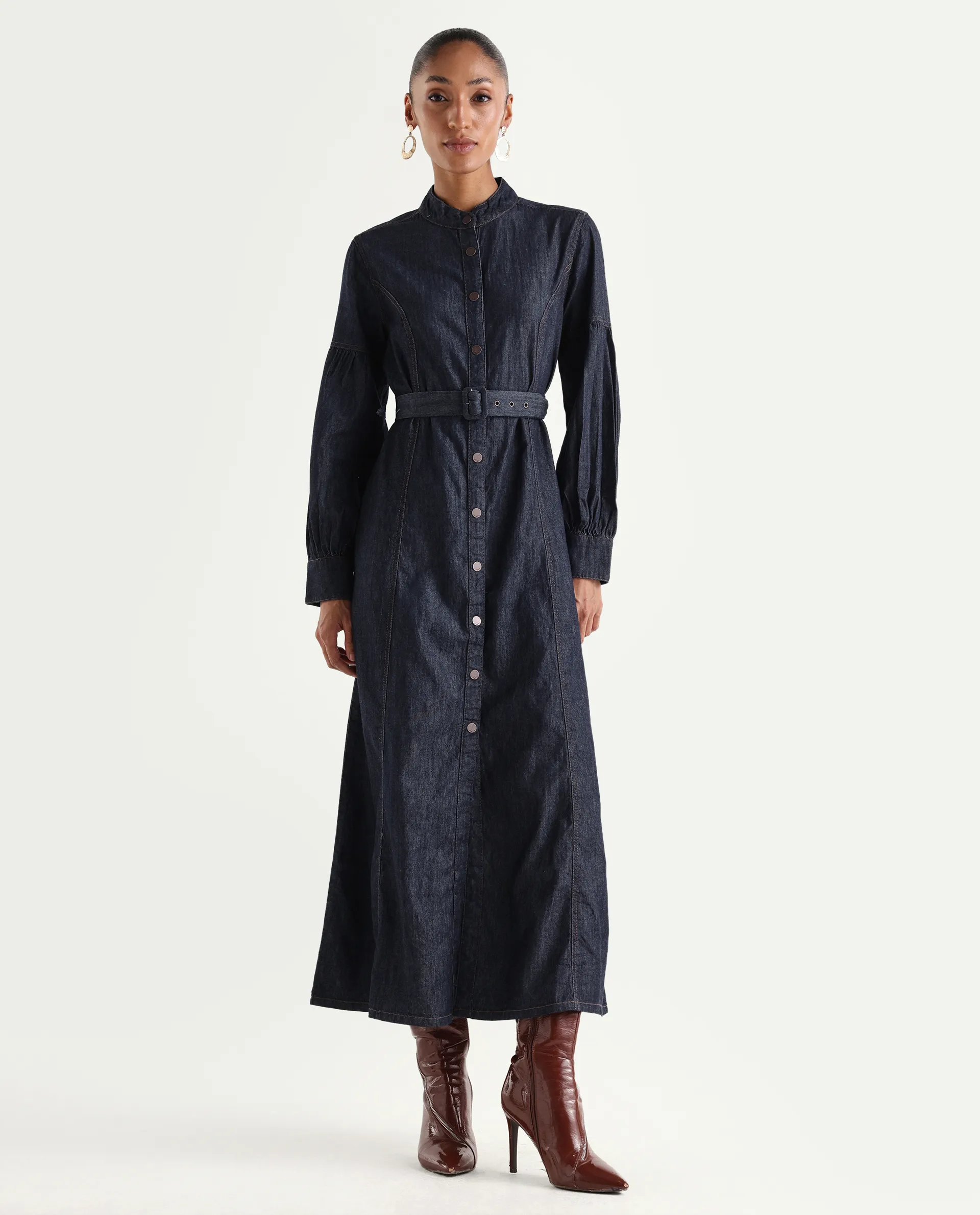 Rareism Women's Denzia Dark Blue Cotton Full Sleeve Spread Collar Regular Fit Plain Dress - Image 4