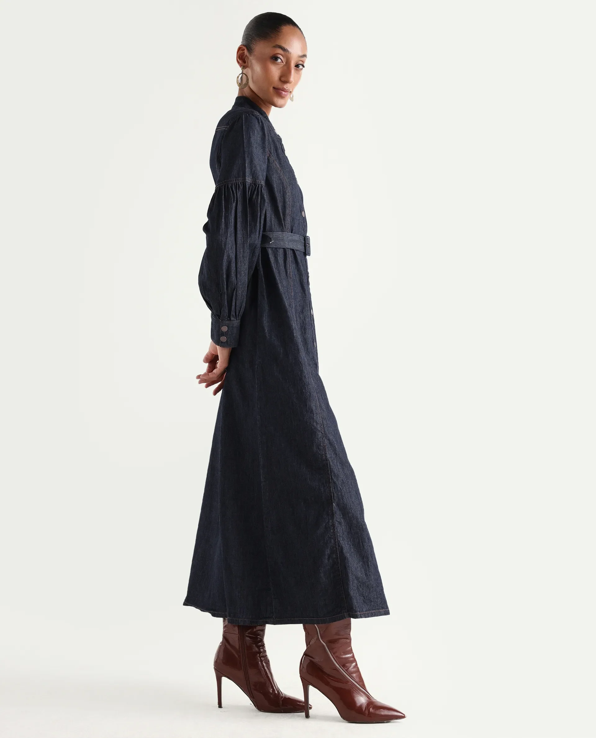 Rareism Women's Denzia Dark Blue Cotton Full Sleeve Spread Collar Regular Fit Plain Dress - Image 5