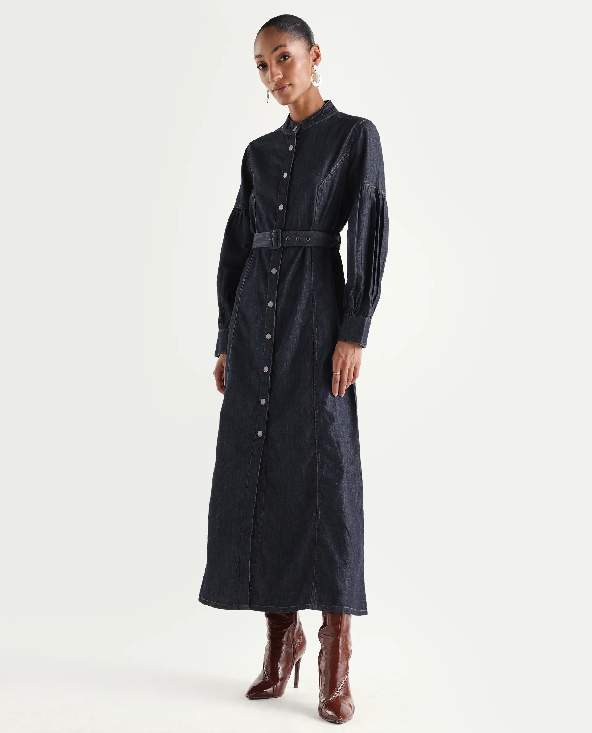 Rareism Women's Denzia Dark Blue Cotton Full Sleeve Spread Collar Regular Fit Plain Dress - Image 6