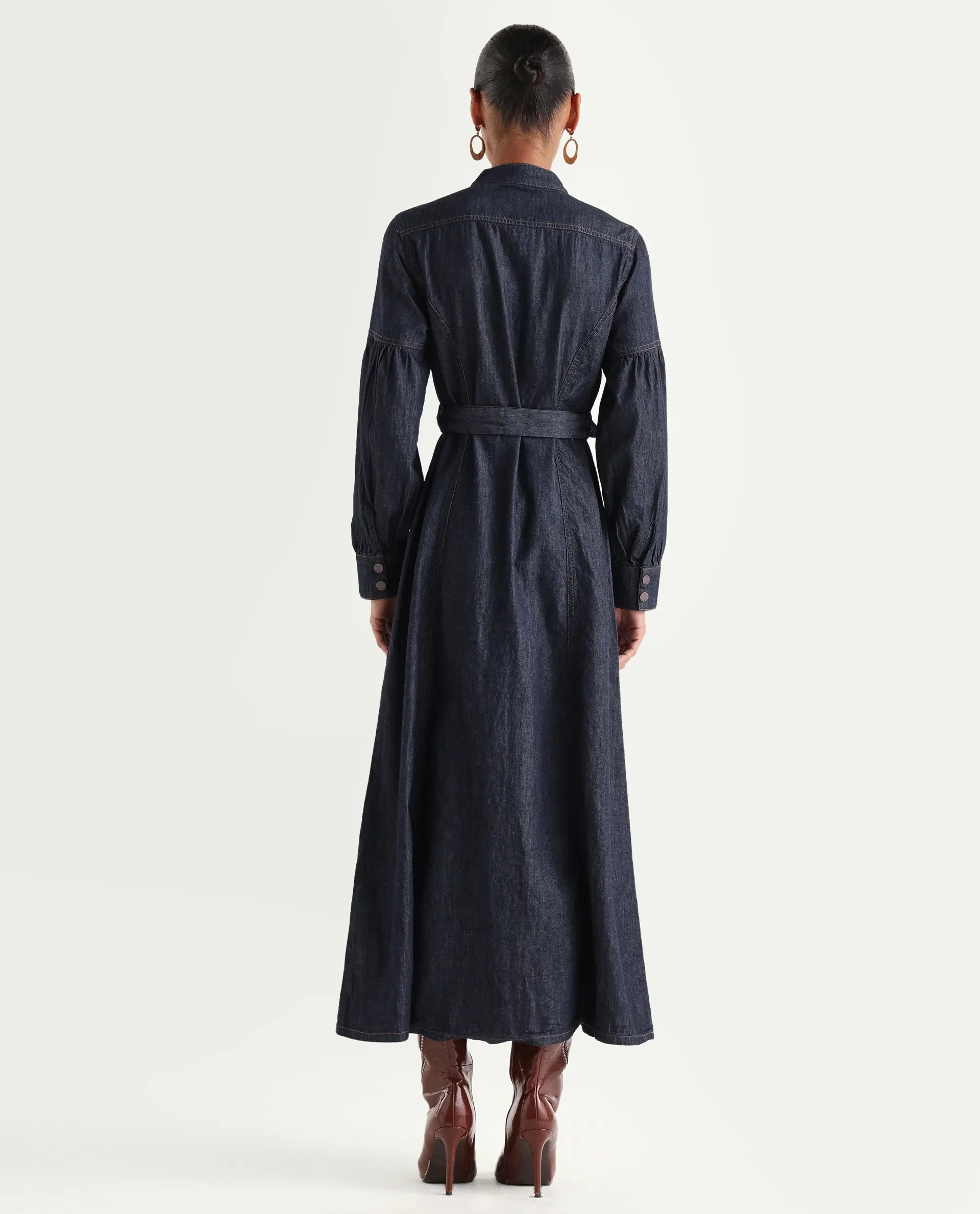 Rareism Women's Denzia Dark Blue Cotton Full Sleeve Spread Collar Regular Fit Plain Dress - Image 7