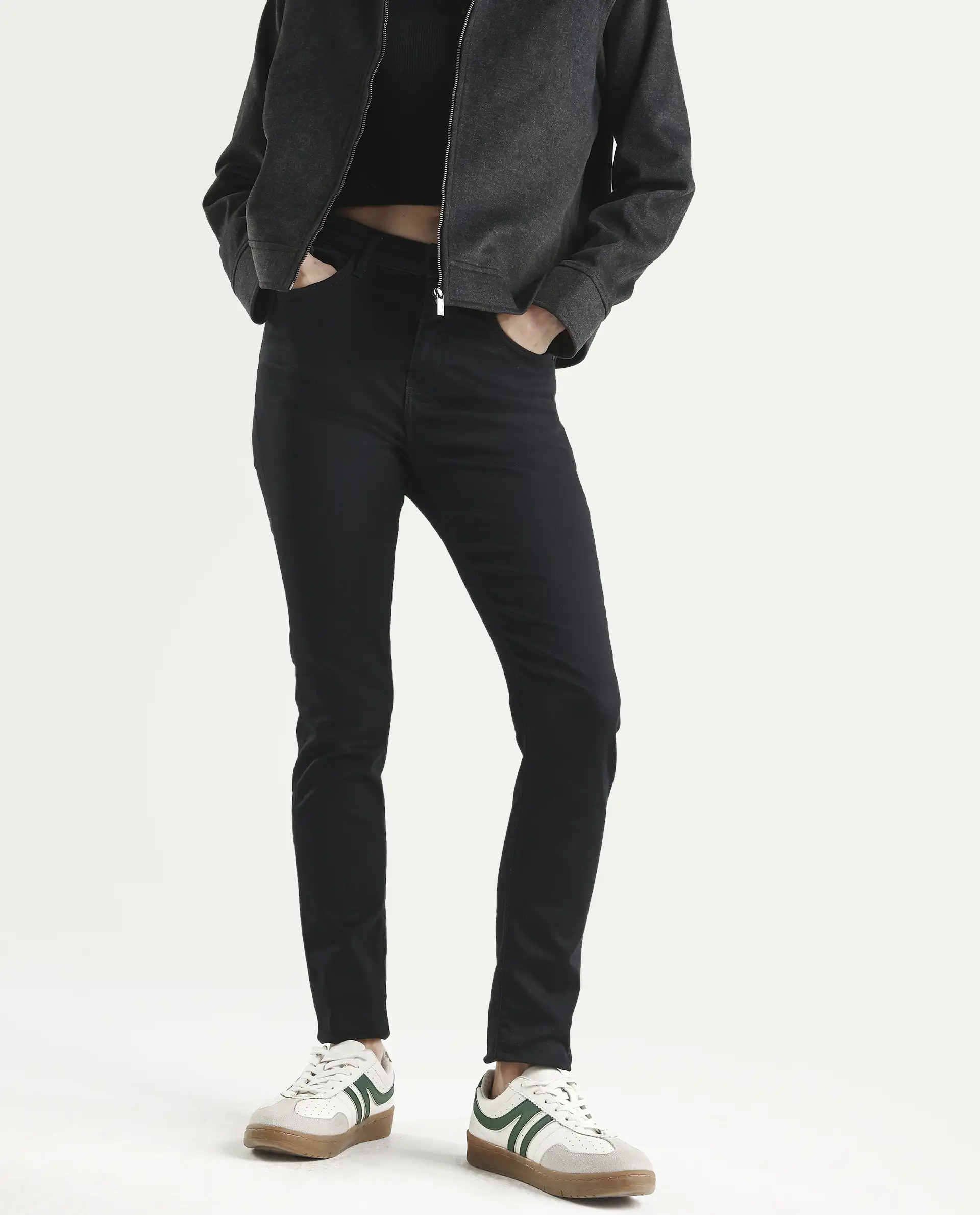 Rareism Women's Denzo Black Cotton Blend Skinny Plain Jeans - Image 2