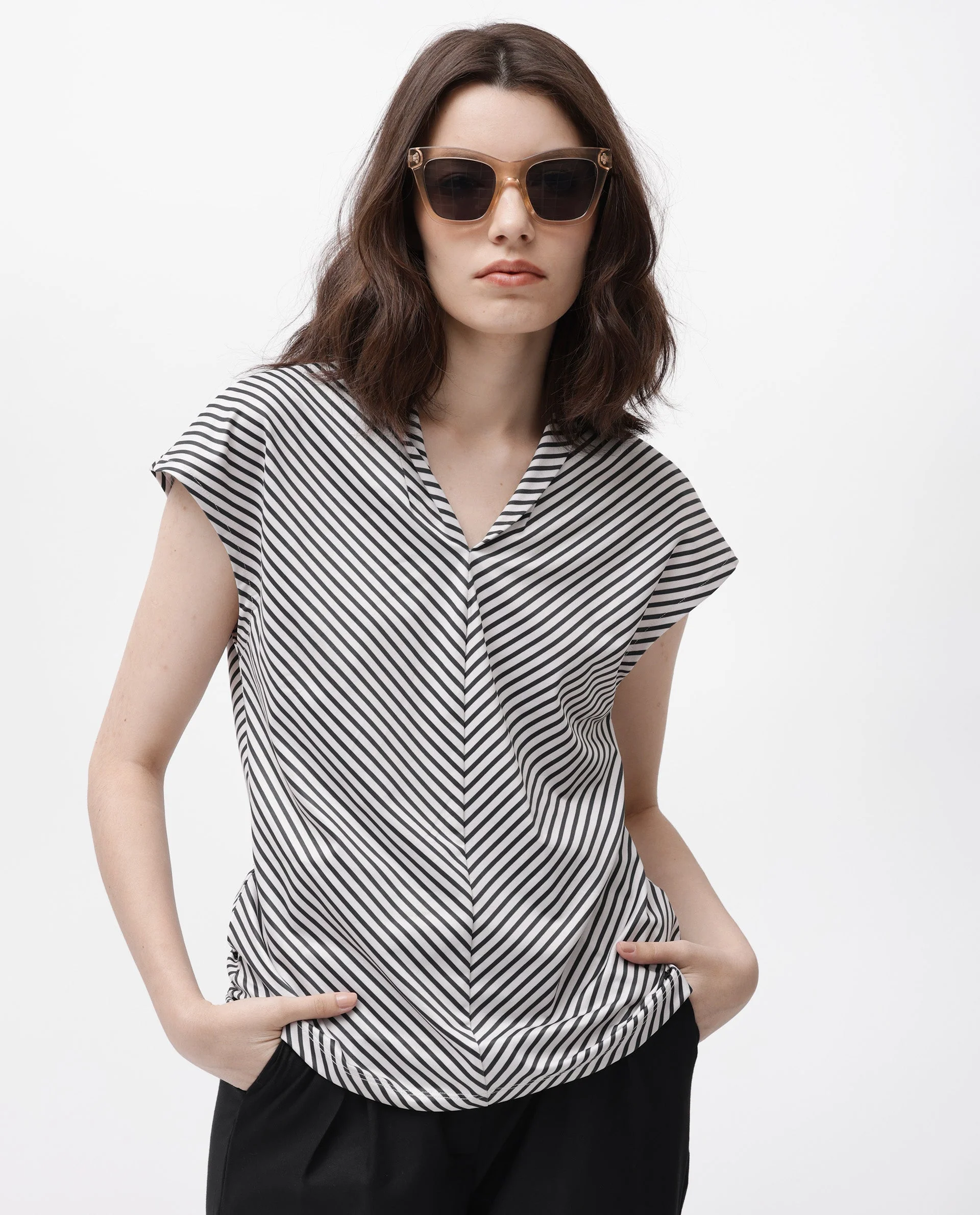 Rareism Women's Deon Black Polyester V-Neck Striped Sleeveless Regular Fit Top - Image 2