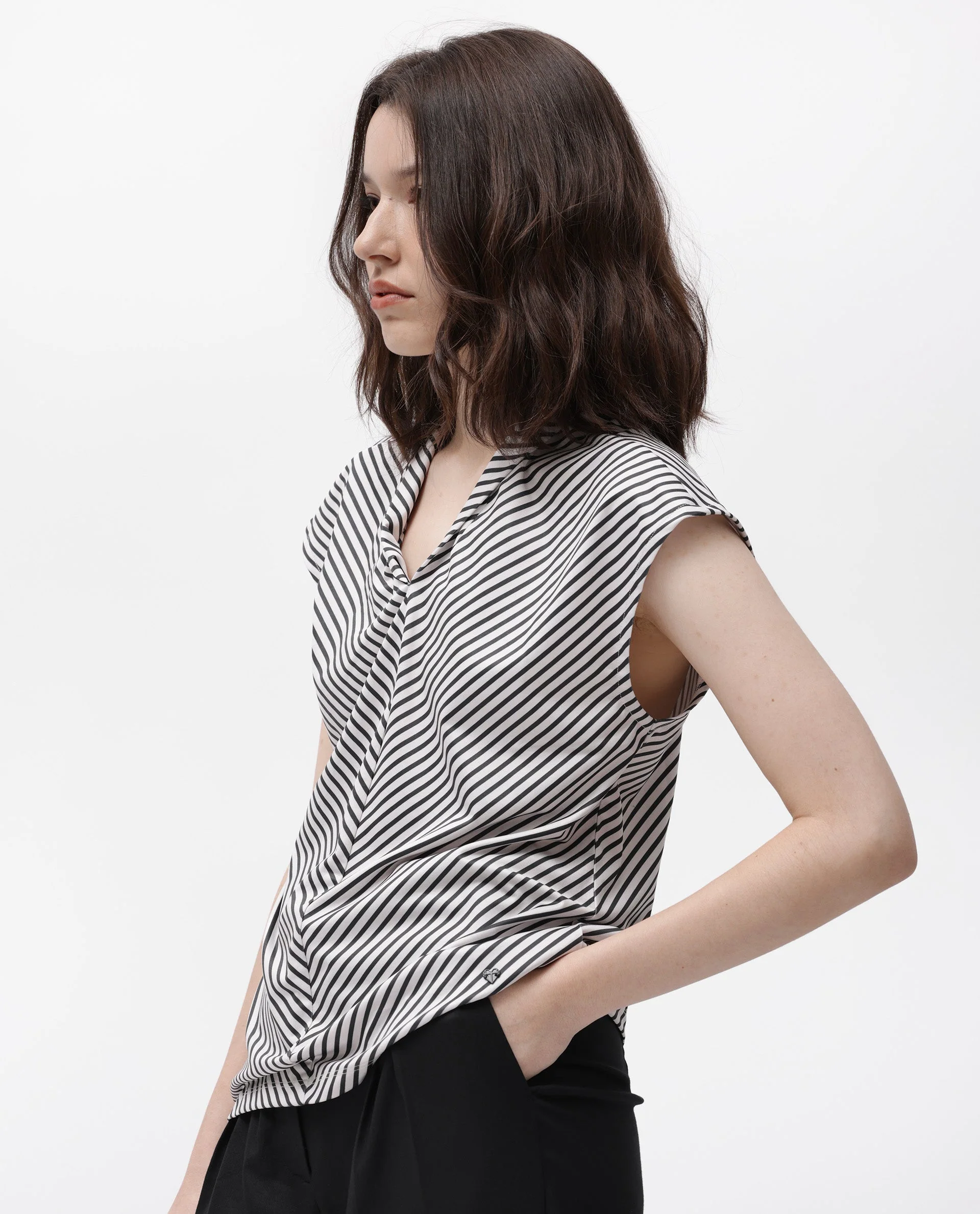 Rareism Women's Deon Black Polyester V-Neck Striped Sleeveless Regular Fit Top - Image 4