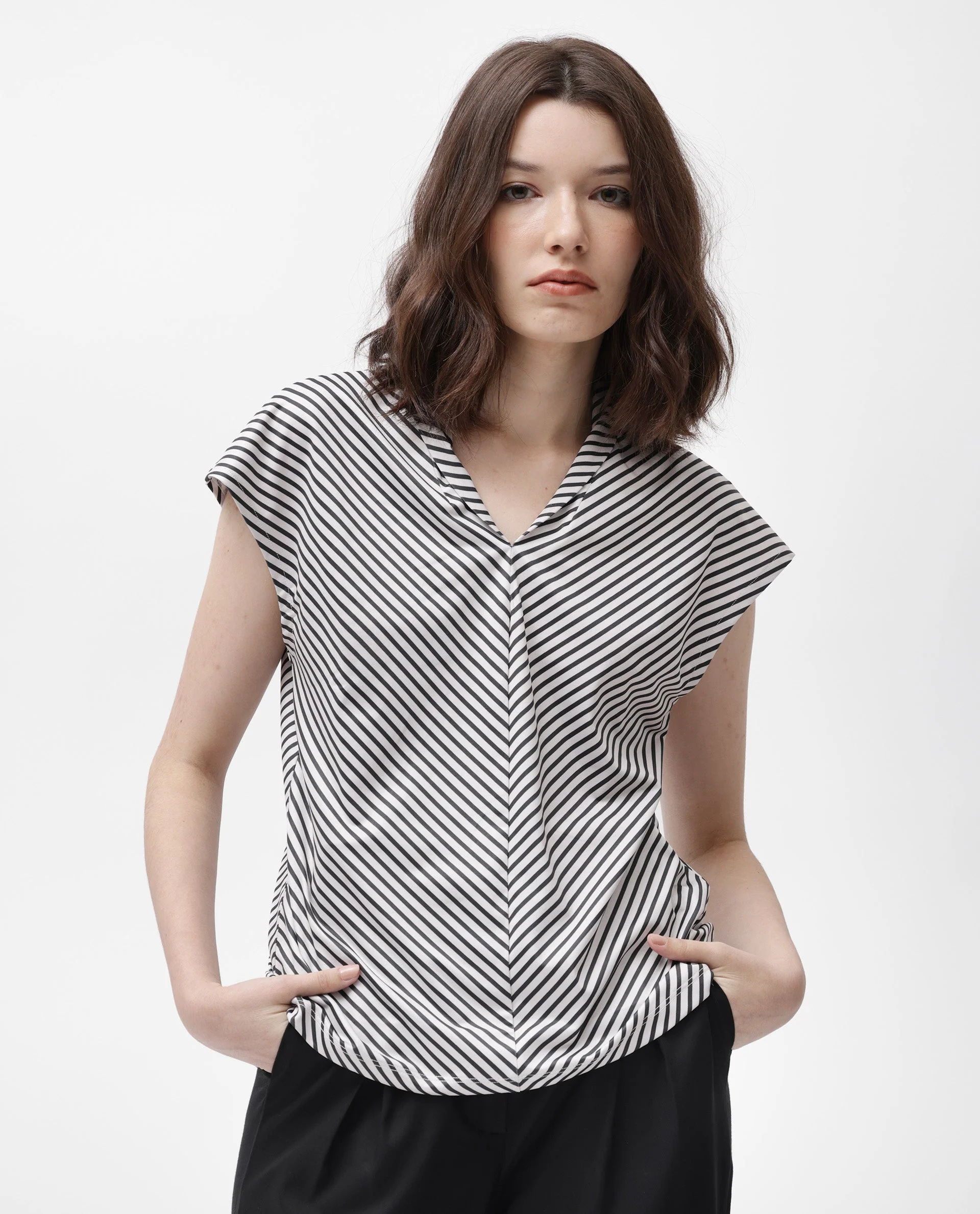 Rareism Women's Deon Black Polyester V-Neck Striped Sleeveless Regular Fit Top - Image 6