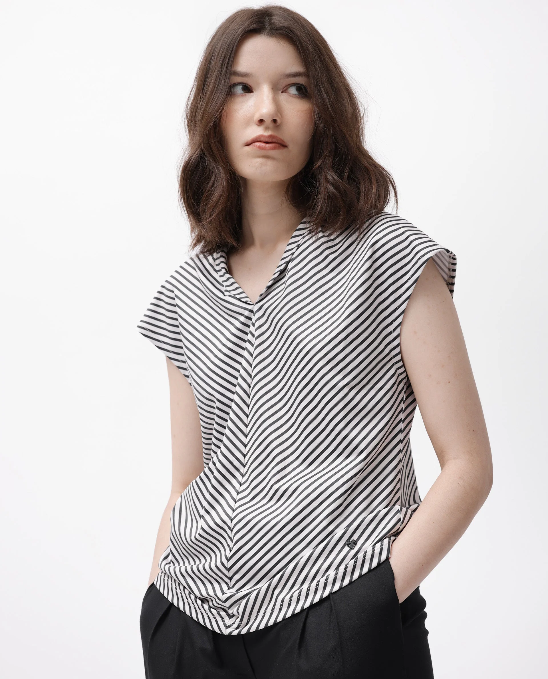 Rareism Women's Deon Black Polyester V-Neck Striped Sleeveless Regular Fit Top - Image 7