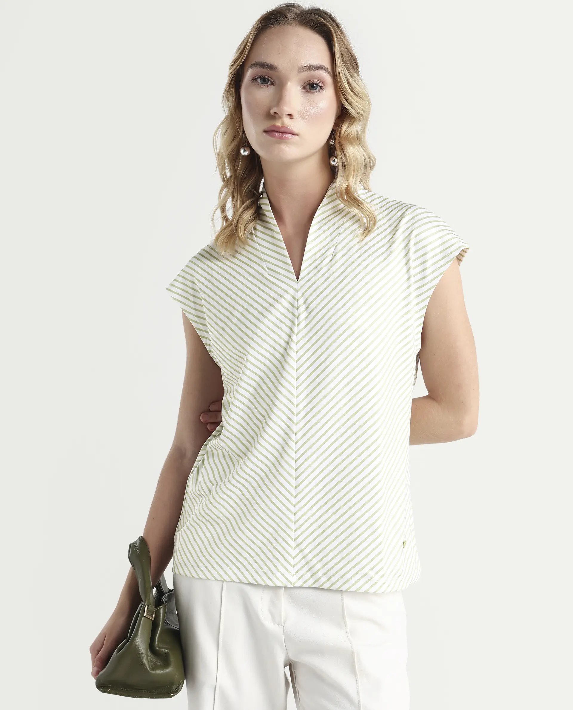 Rareism Women's Deon Green Polyester V-Neck Striped Sleeveless Regular Fit Top