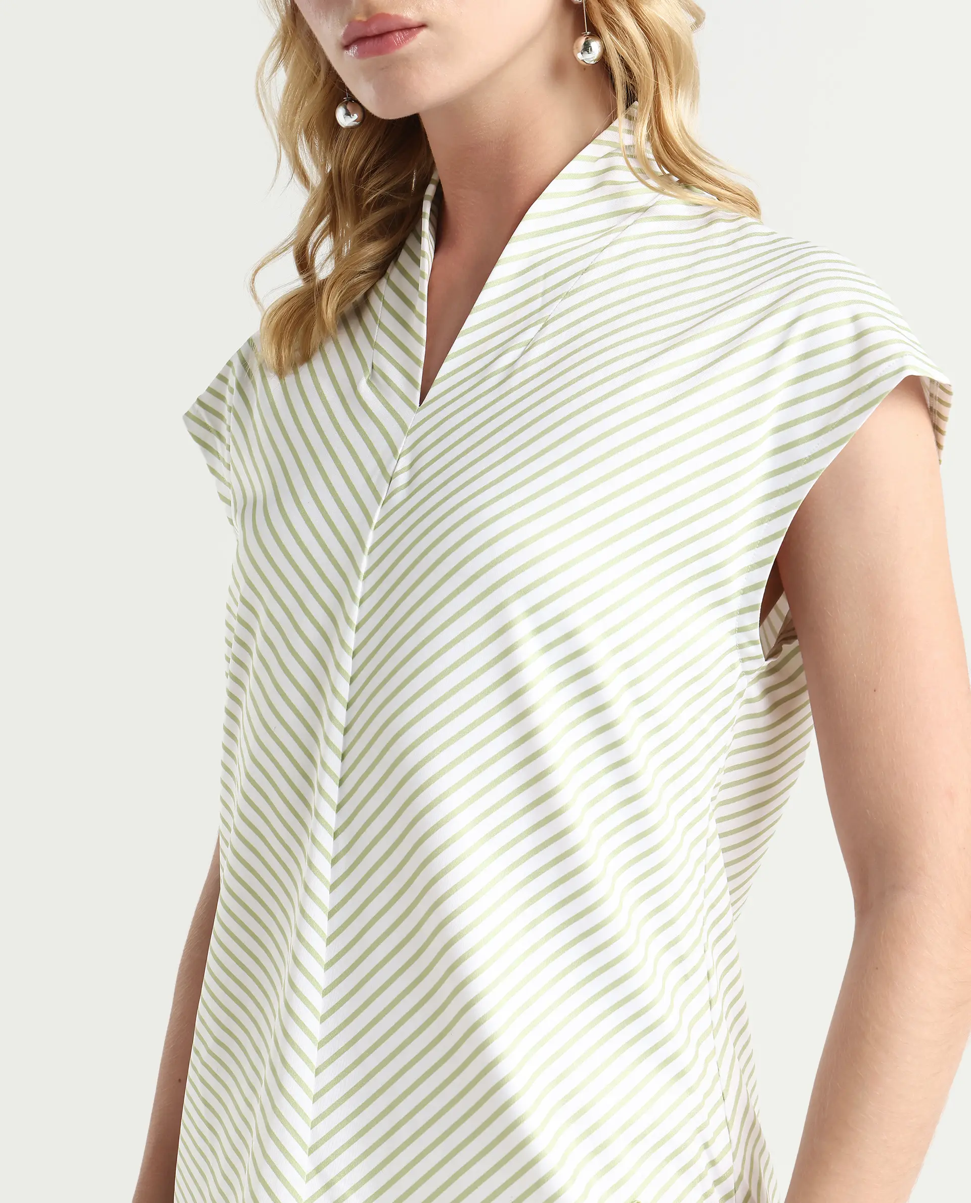 Rareism Women's Deon Green Polyester V-Neck Striped Sleeveless Regular Fit Top - Image 3