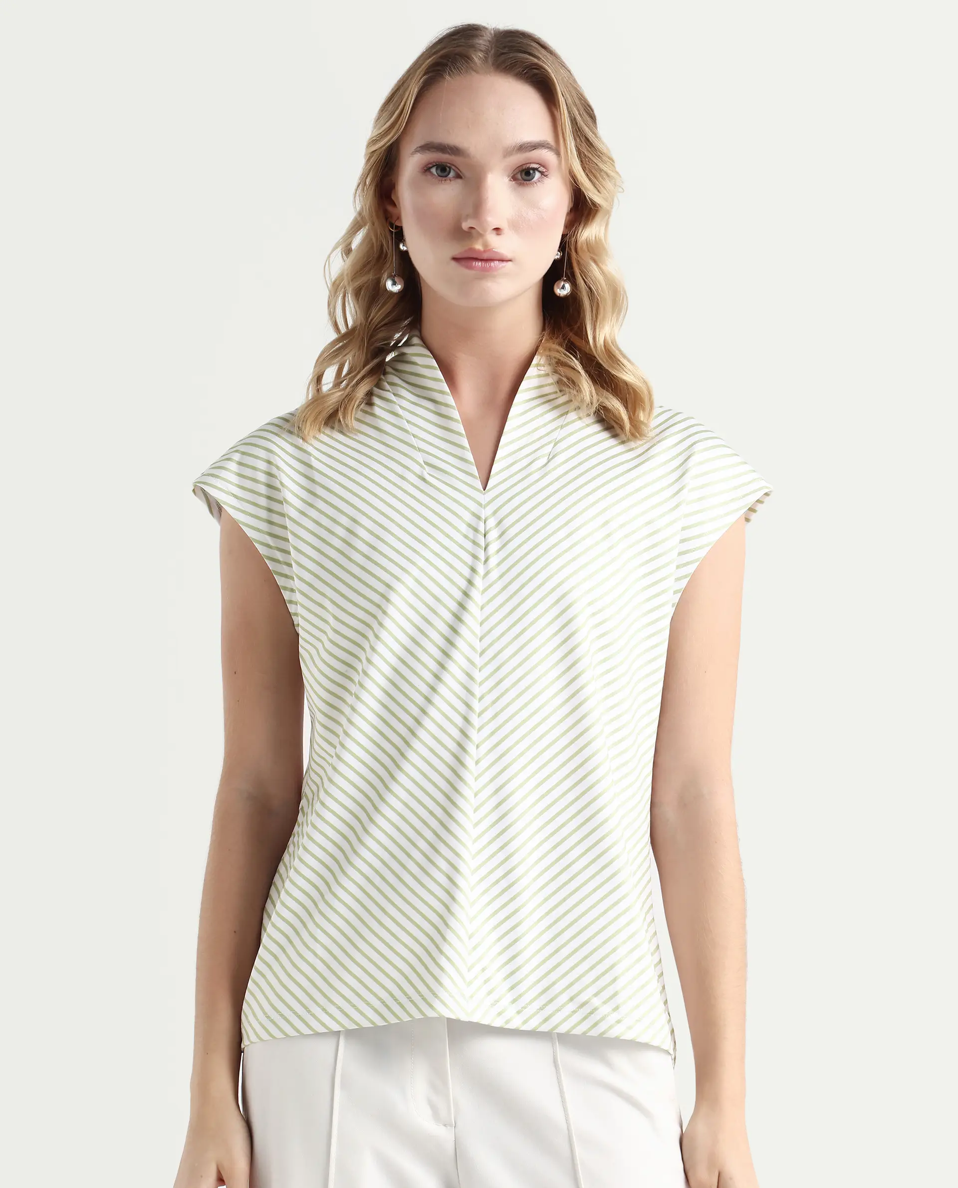 Rareism Women's Deon Green Polyester V-Neck Striped Sleeveless Regular Fit Top - Image 4