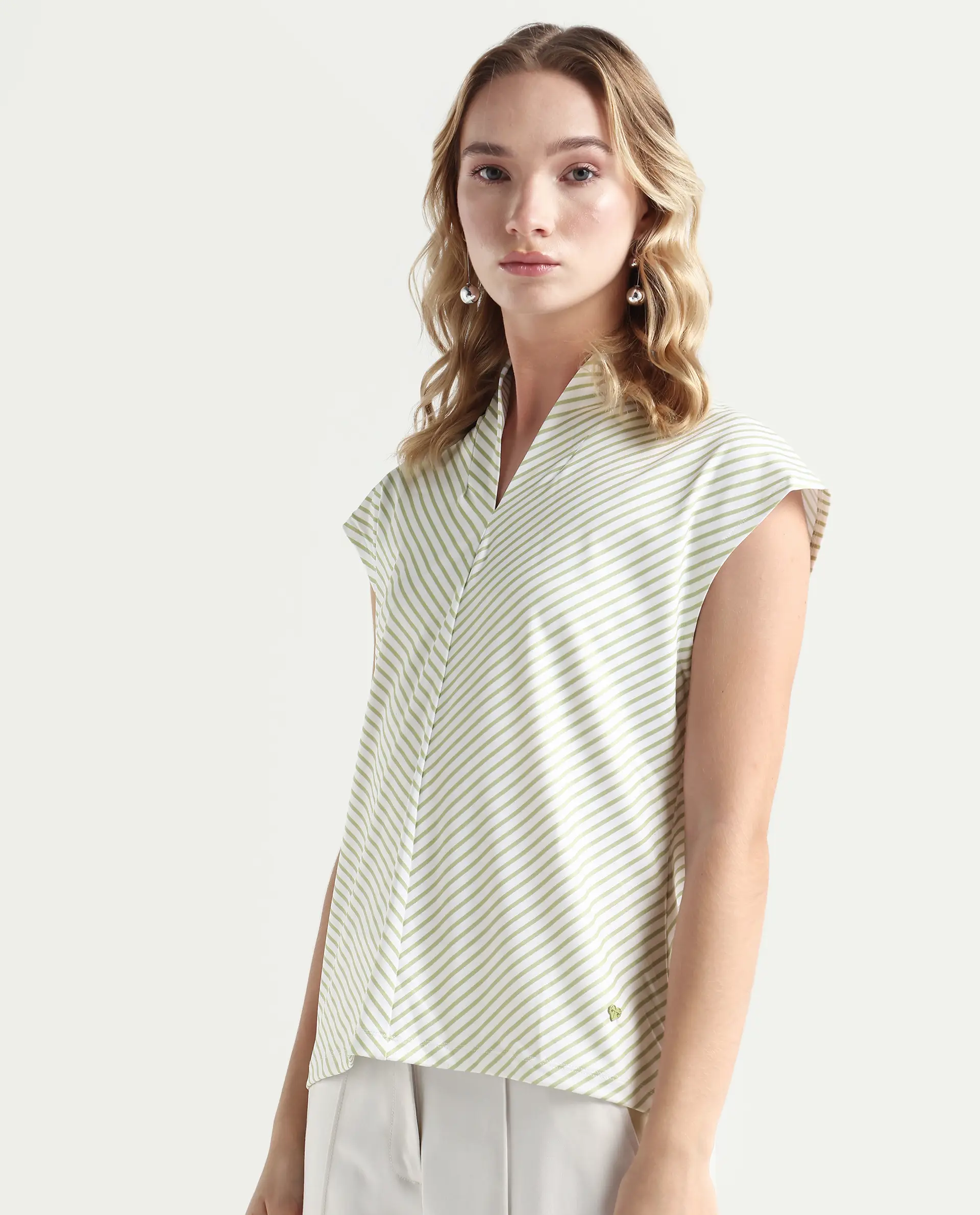 Rareism Women's Deon Green Polyester V-Neck Striped Sleeveless Regular Fit Top - Image 5