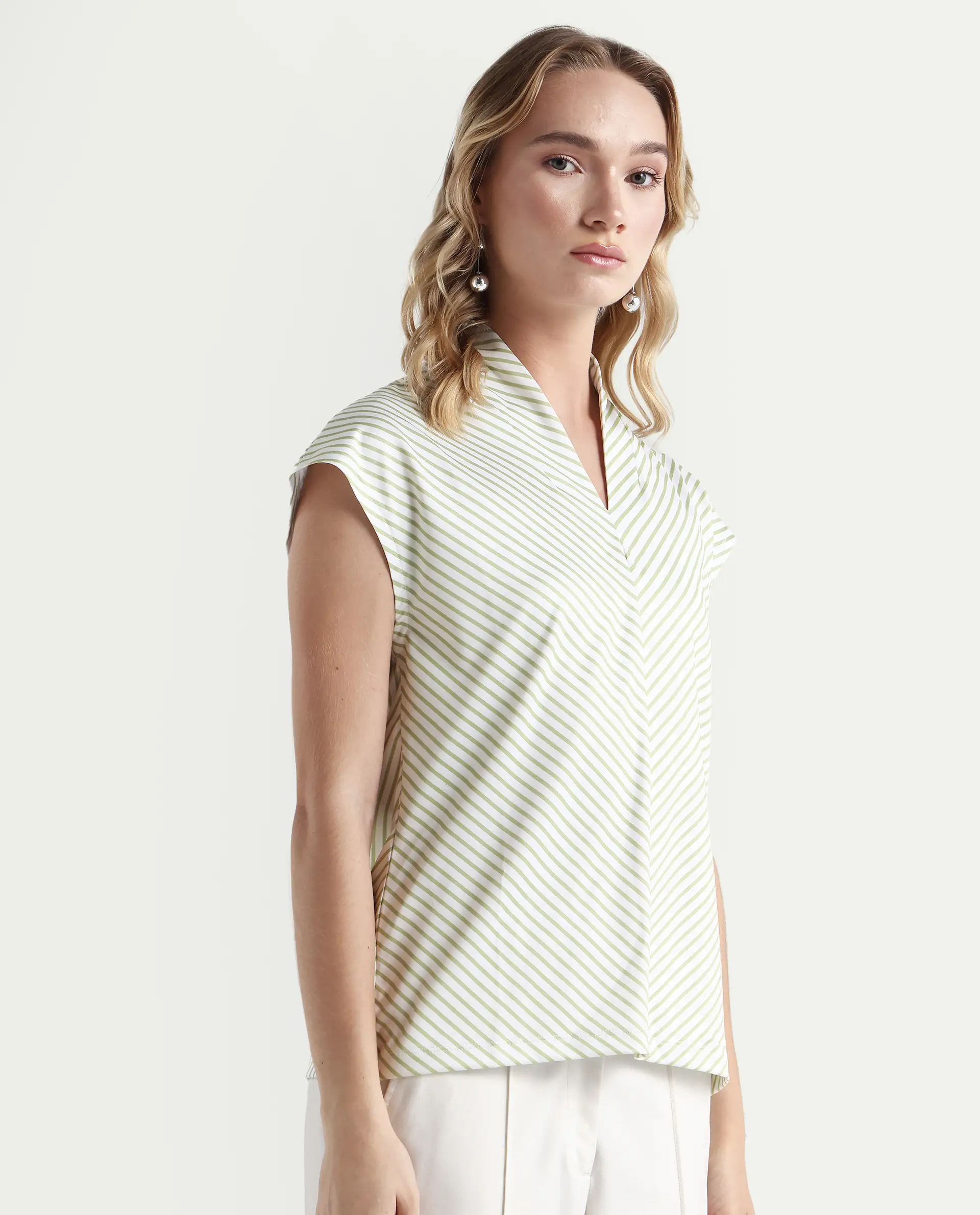 Rareism Women's Deon Green Polyester V-Neck Striped Sleeveless Regular Fit Top - Image 6