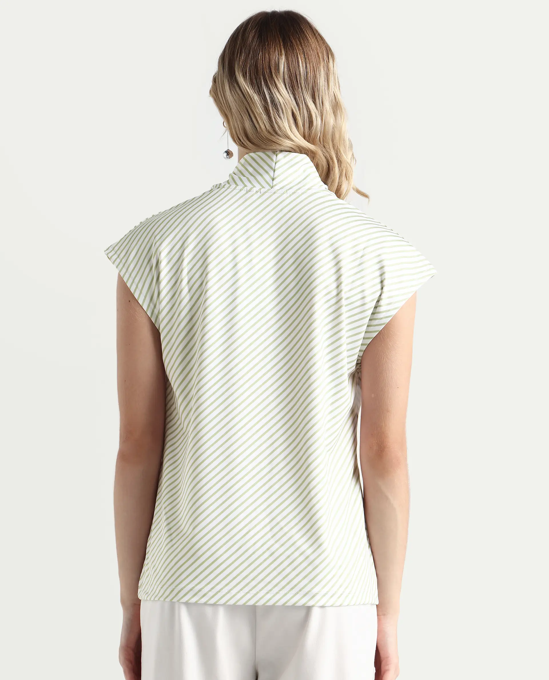 Rareism Women's Deon Green Polyester V-Neck Striped Sleeveless Regular Fit Top - Image 7