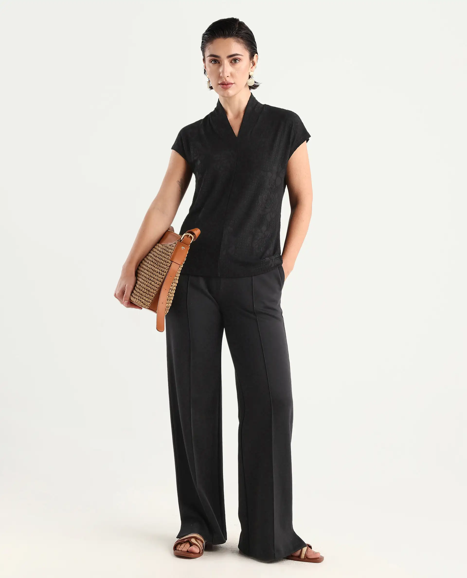 Rareism Women's Deone Black Polyester Blend V-Neck Plain Extended Sleeves Regular Fit Top - Image 2