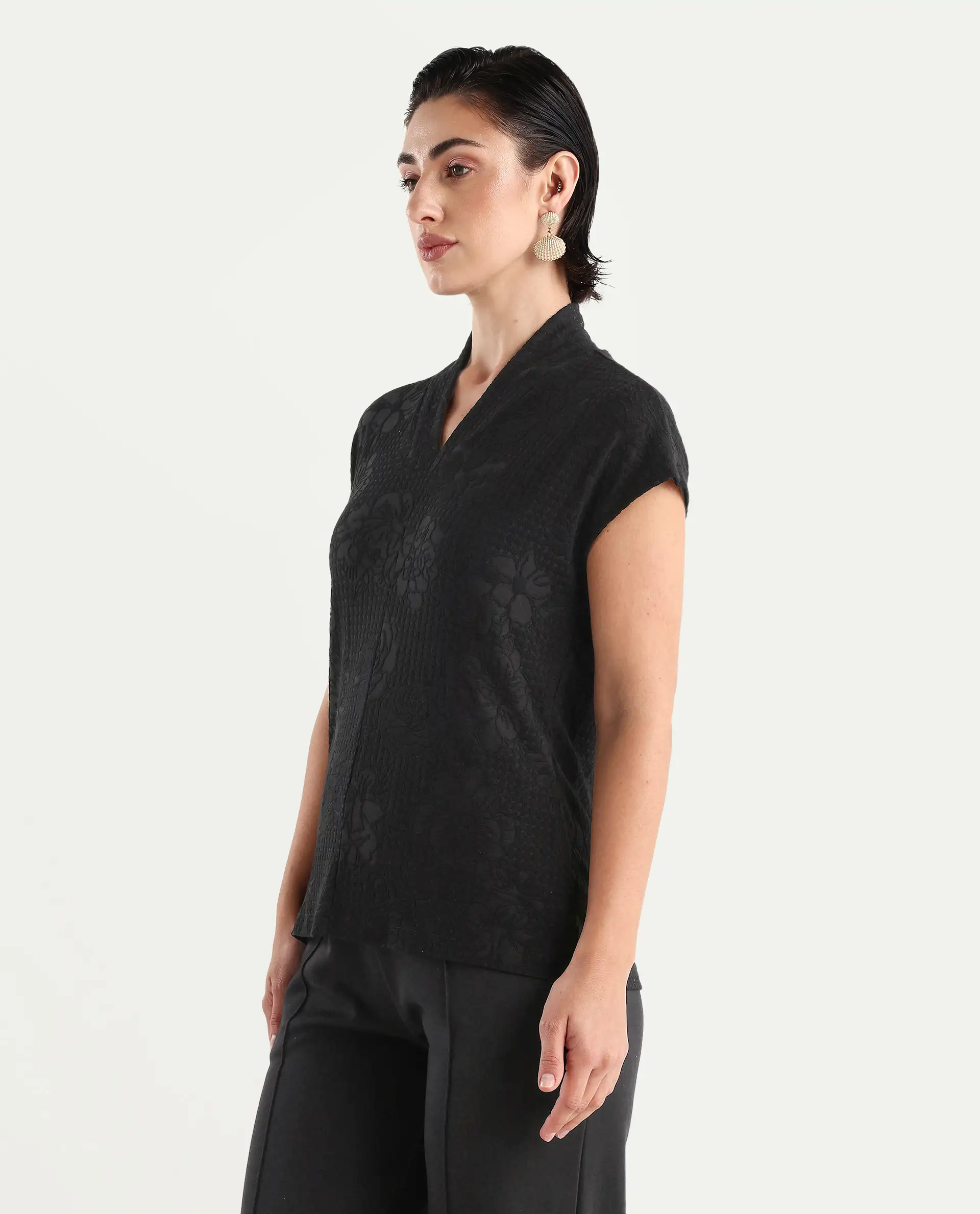 Rareism Women's Deone Black Polyester Blend V-Neck Plain Extended Sleeves Regular Fit Top - Image 5