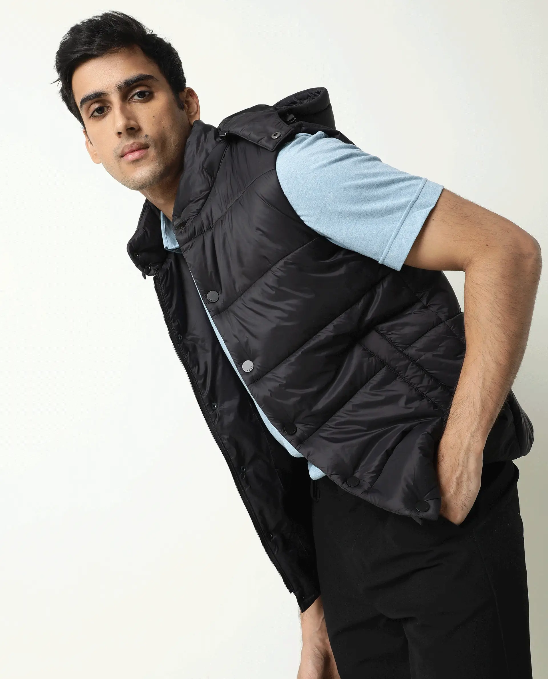 Rare Rabbit Men's Depot Black Nylon Plain Slim Fit Sleeveless Hooded Jacket
