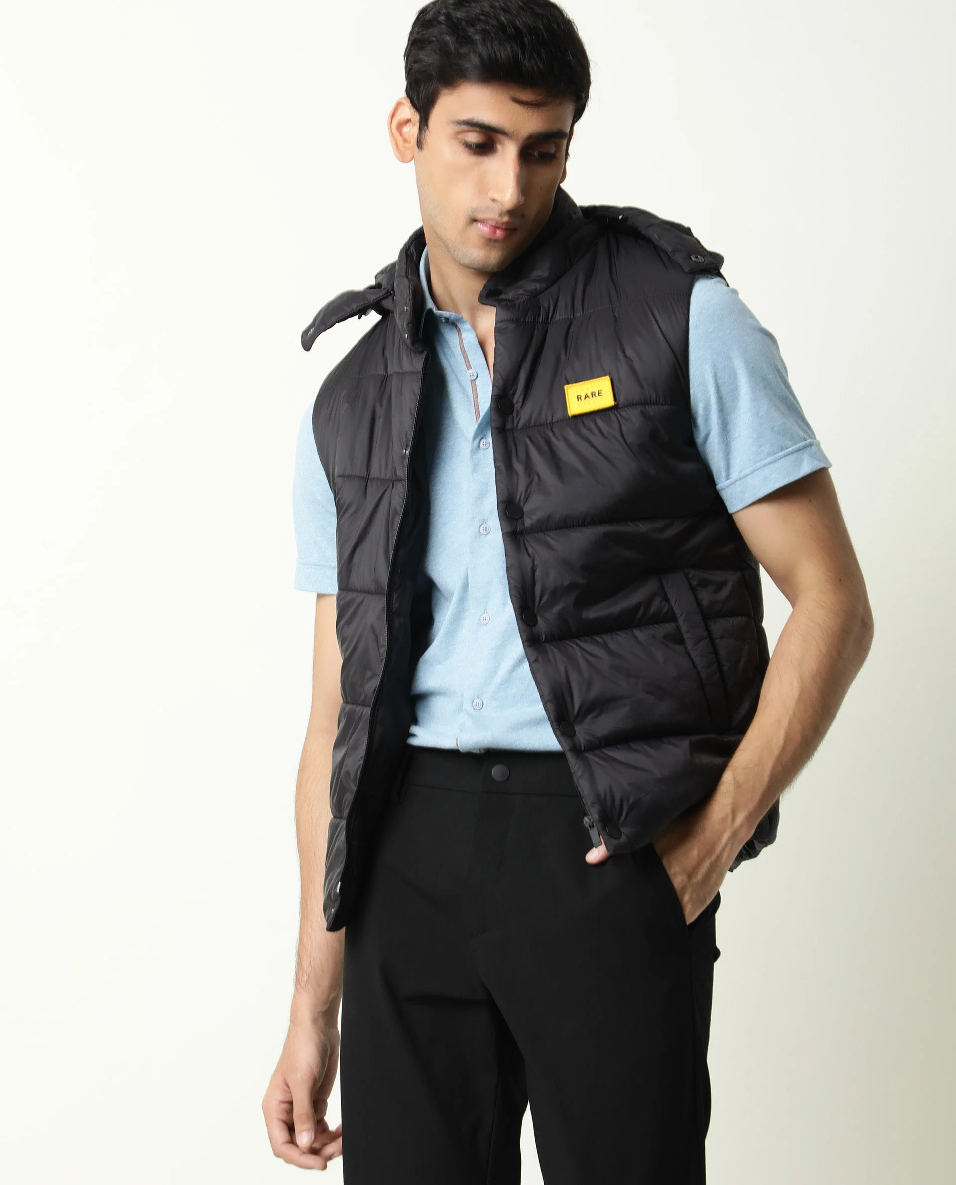Rare Rabbit Men's Depot Black Nylon Plain Slim Fit Sleeveless Hooded Jacket - Image 4