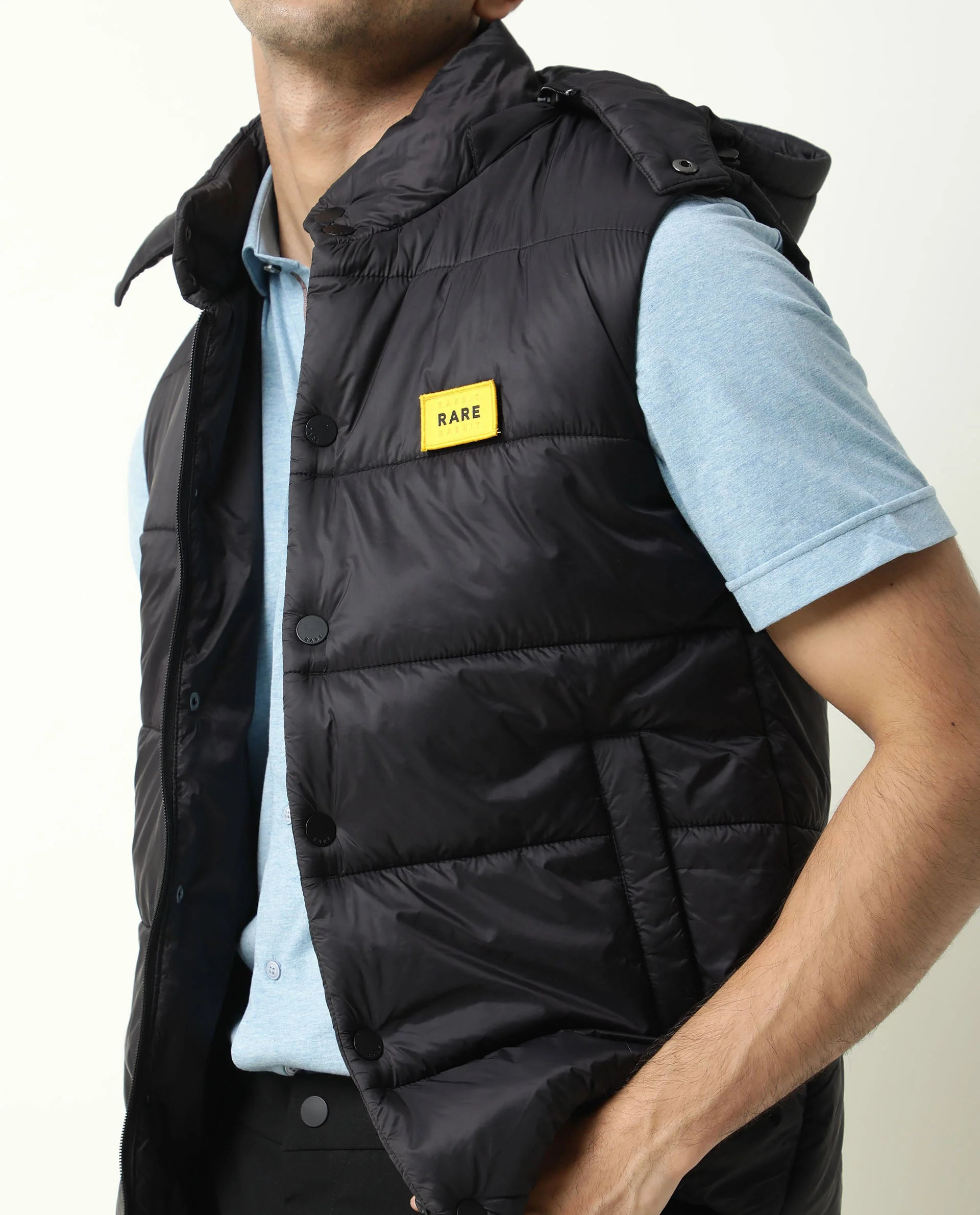 Rare Rabbit Men's Depot Black Nylon Plain Slim Fit Sleeveless Hooded Jacket - Image 5