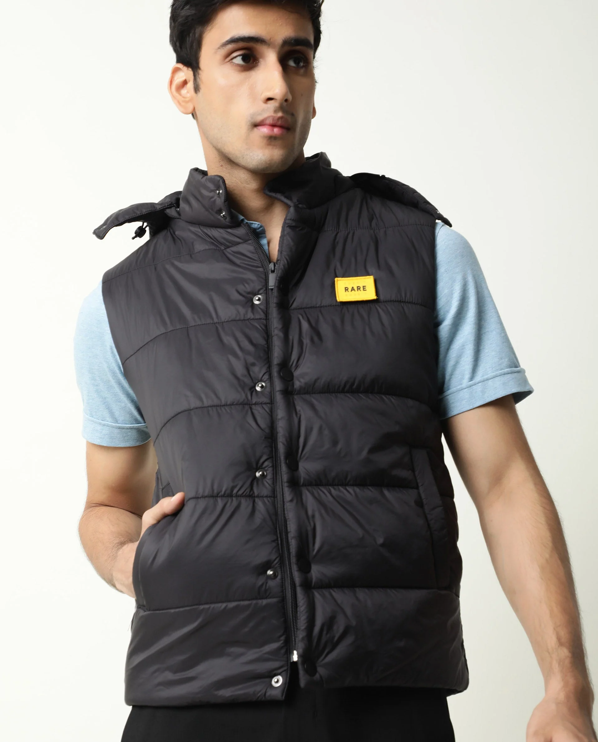 Rare Rabbit Men's Depot Black Nylon Plain Slim Fit Sleeveless Hooded Jacket - Image 7