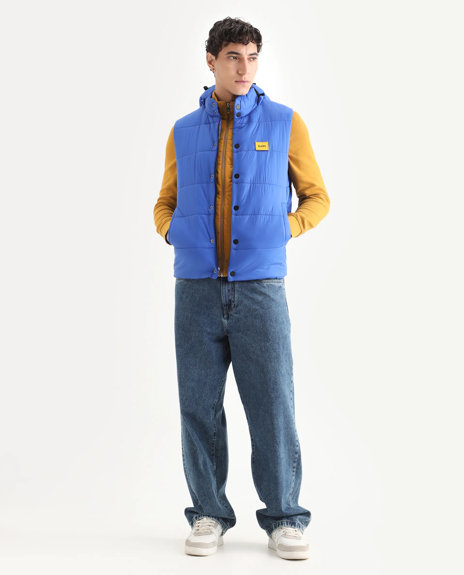 Rare Rabbit Men's Depot Blue Nylon Plain Slim Fit Sleeveless Hooded Jacket - Image 2