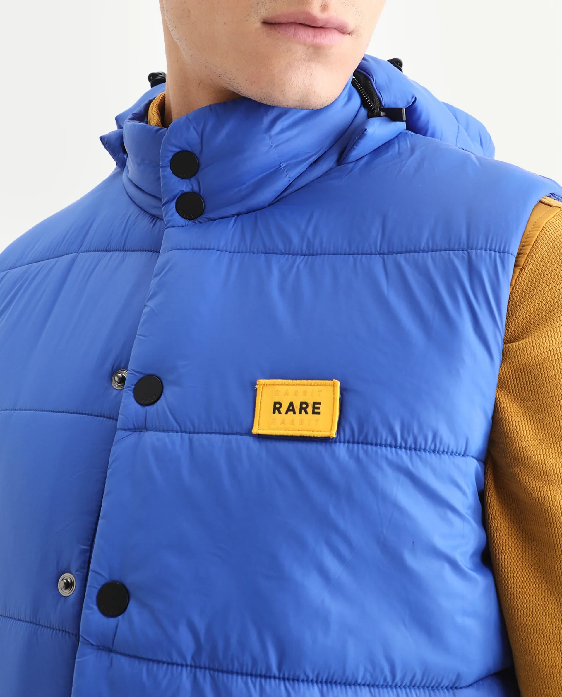 Rare Rabbit Men's Depot Blue Nylon Plain Slim Fit Sleeveless Hooded Jacket - Image 3