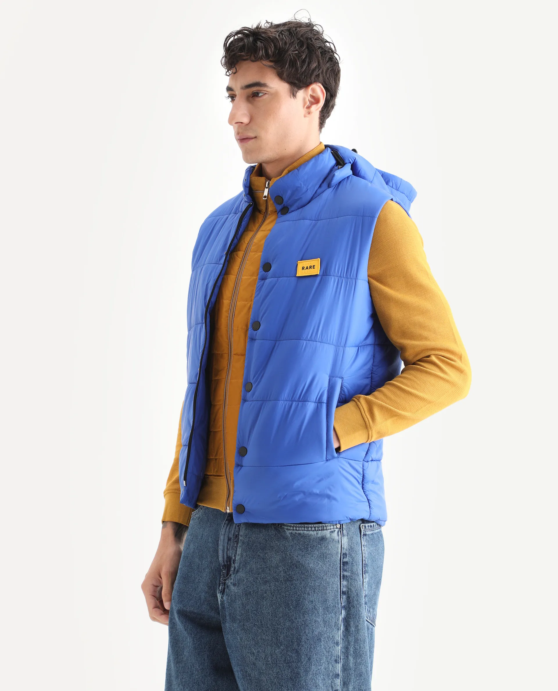 Rare Rabbit Men's Depot Blue Nylon Plain Slim Fit Sleeveless Hooded Jacket - Image 4