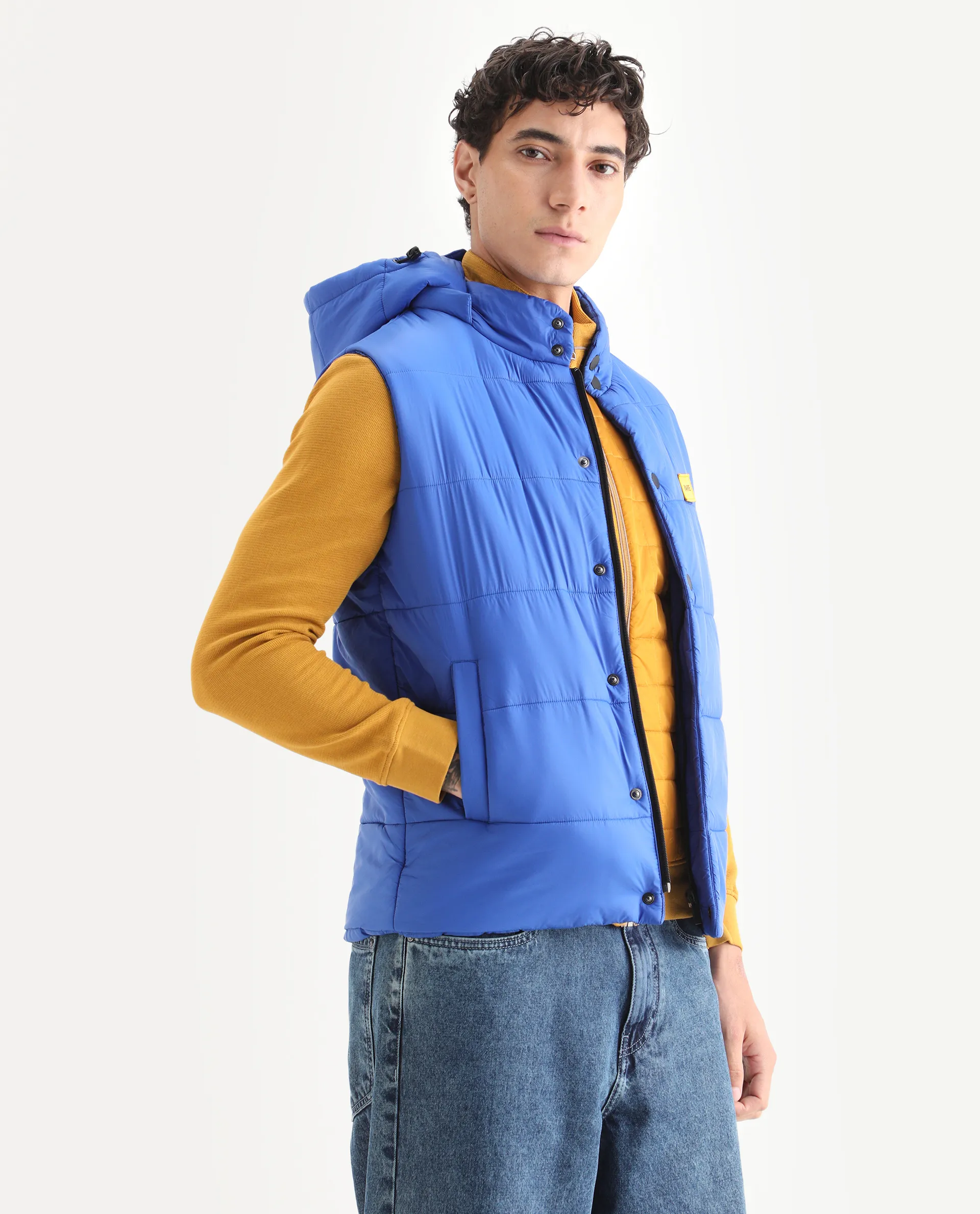 Rare Rabbit Men's Depot Blue Nylon Plain Slim Fit Sleeveless Hooded Jacket - Image 5
