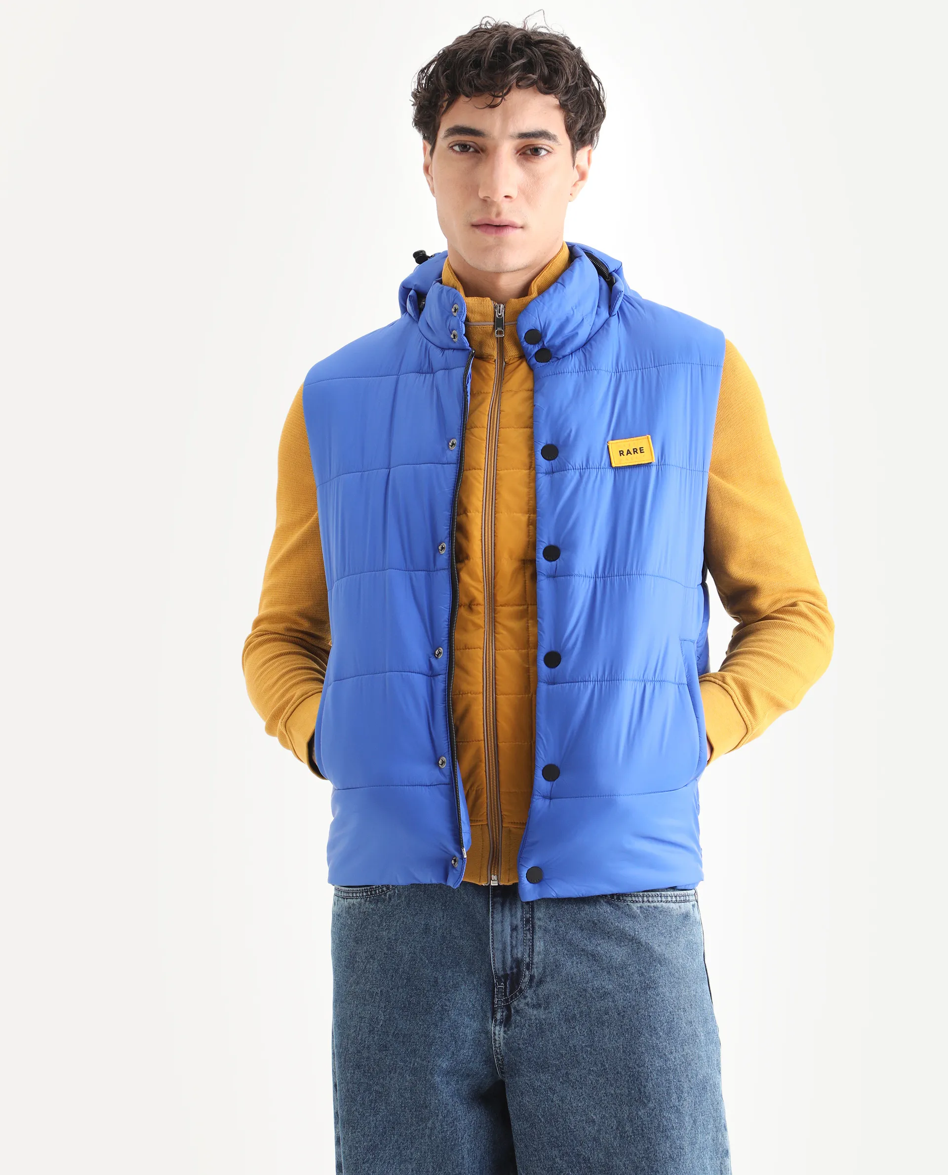 Rare Rabbit Men's Depot Blue Nylon Plain Slim Fit Sleeveless Hooded Jacket - Image 6