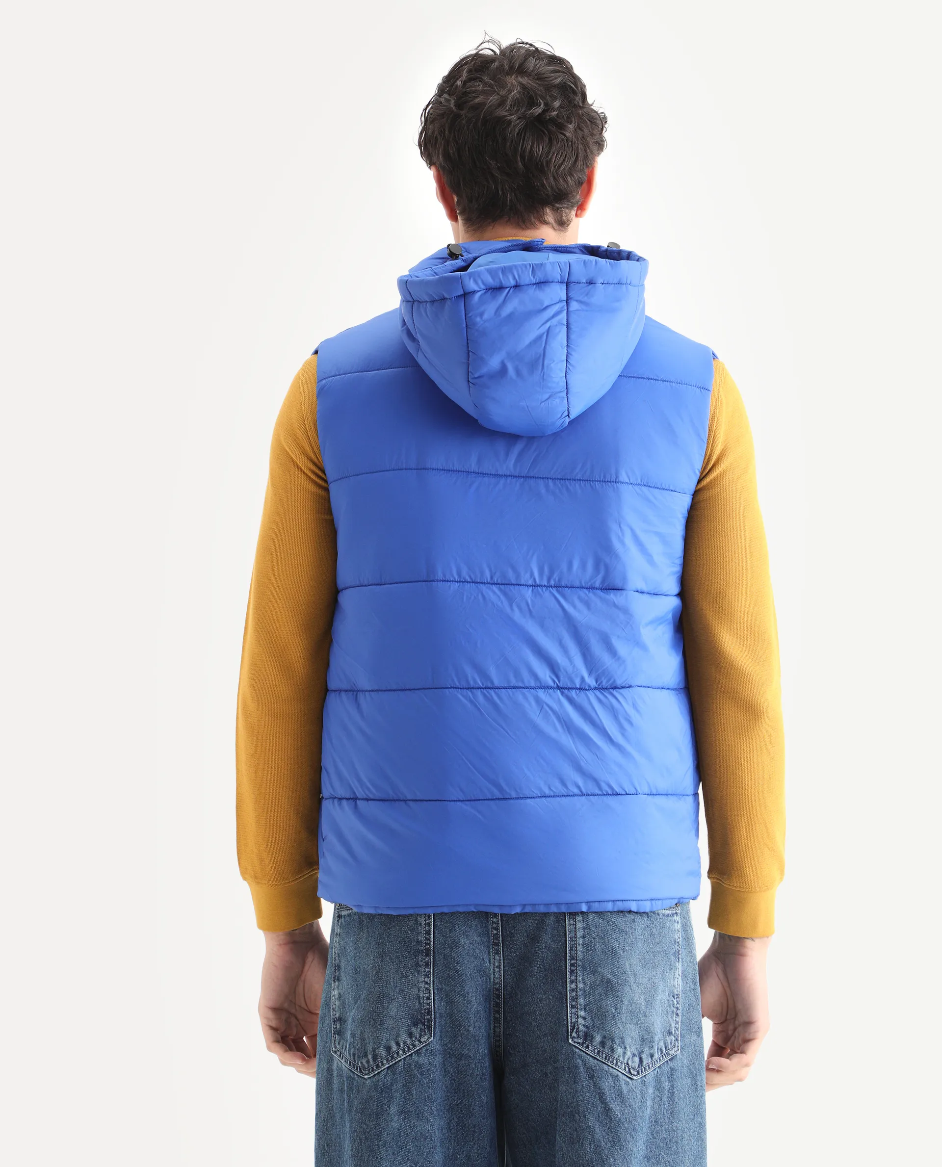 Rare Rabbit Men's Depot Blue Nylon Plain Slim Fit Sleeveless Hooded Jacket - Image 7