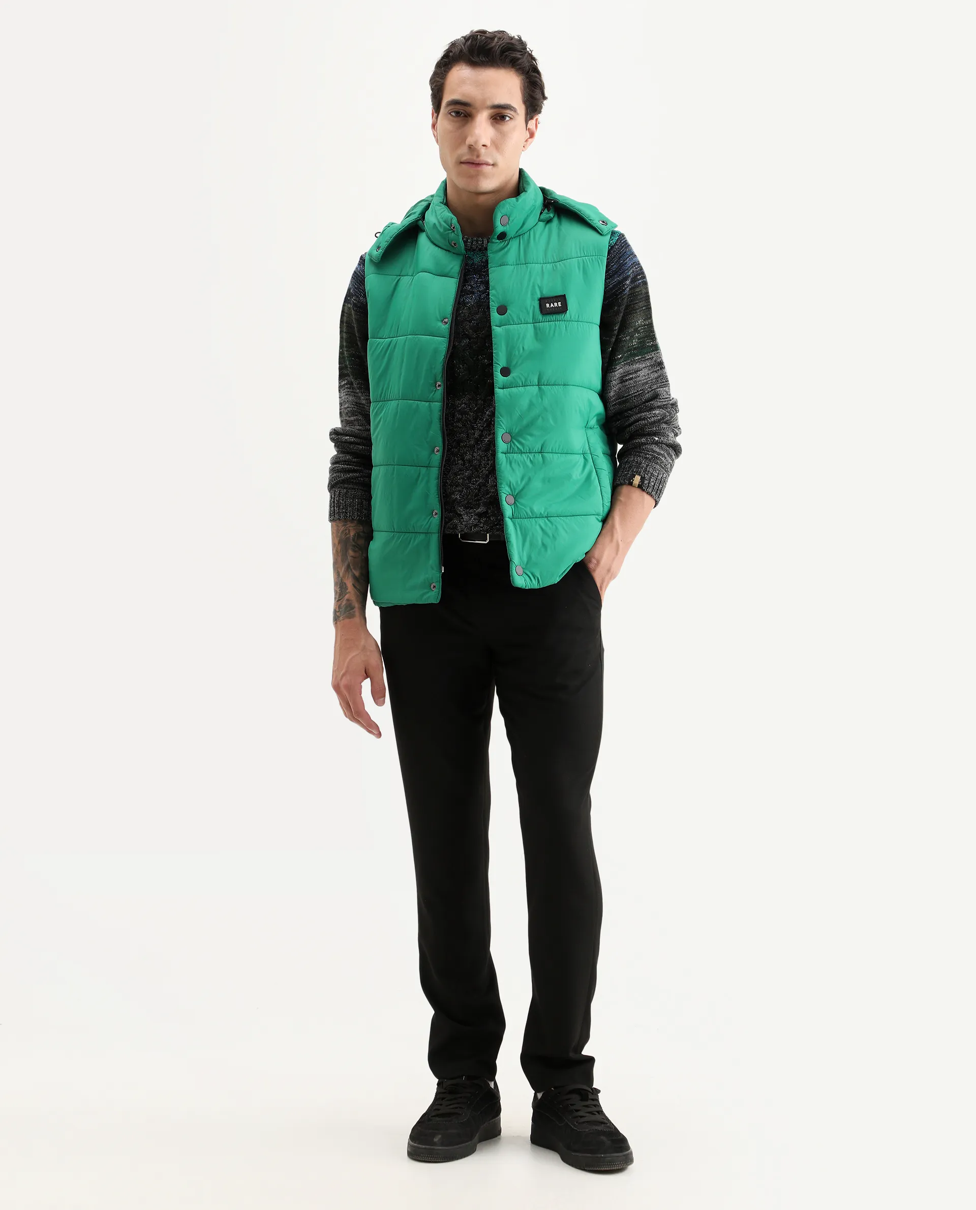 Rare Rabbit Men's Depot Green Nylon Plain Slim Fit Sleeveless Hooded Jacket - Image 2