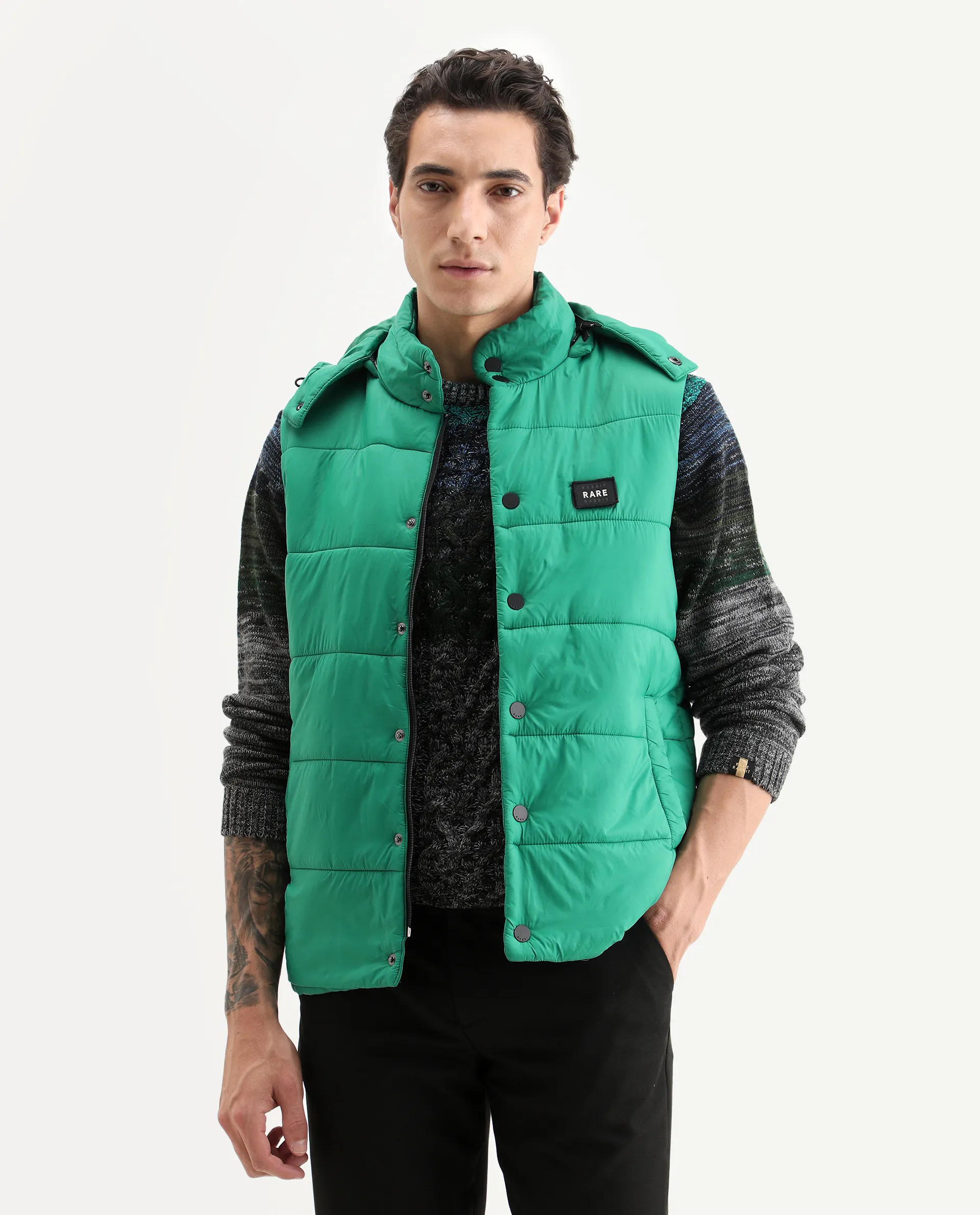 Rare Rabbit Men's Depot Green Nylon Plain Slim Fit Sleeveless Hooded Jacket - Image 3