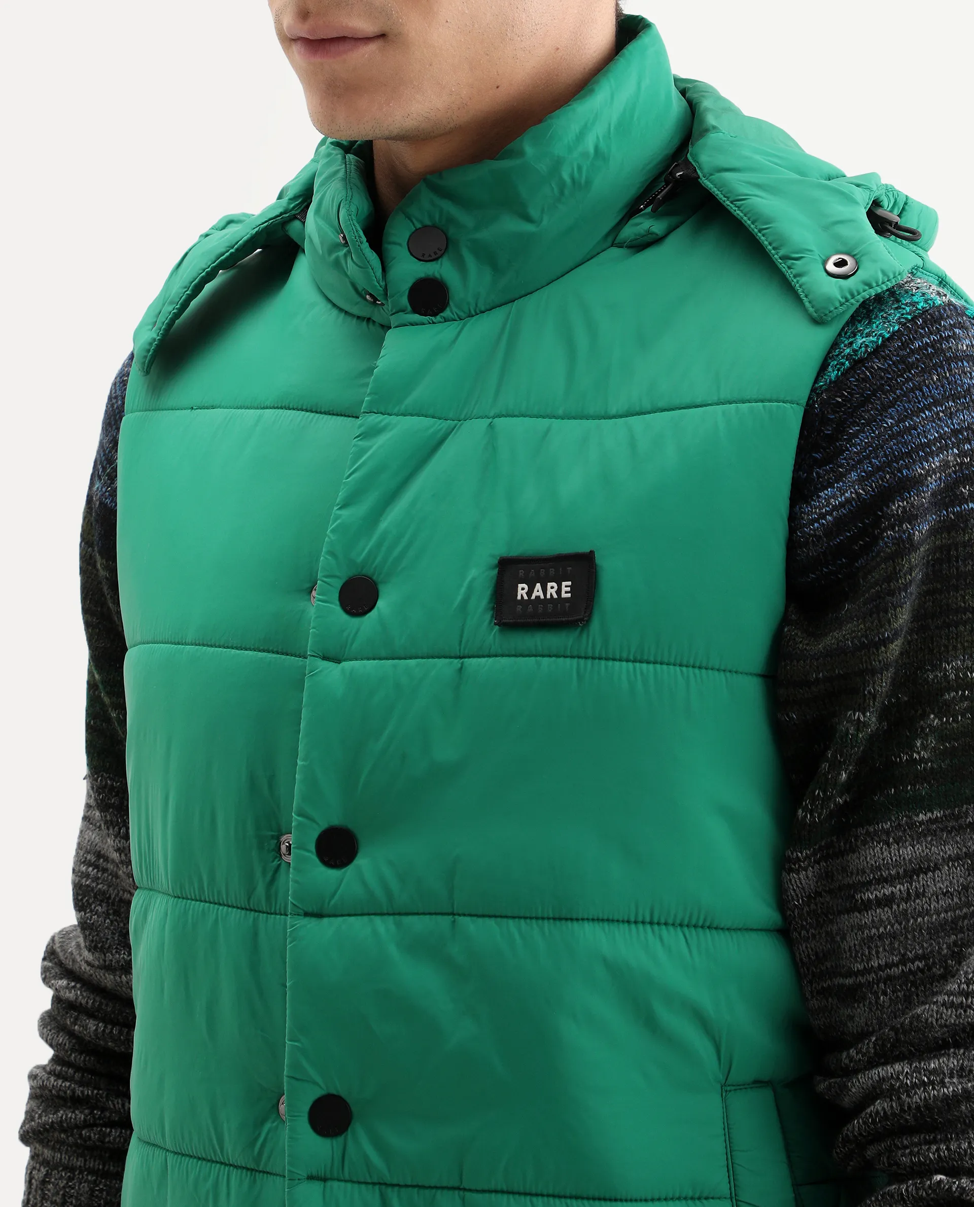 Rare Rabbit Men's Depot Green Nylon Plain Slim Fit Sleeveless Hooded Jacket - Image 4