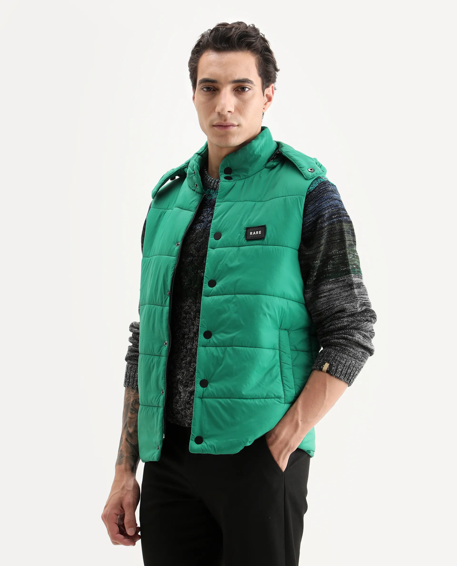 Rare Rabbit Men's Depot Green Nylon Plain Slim Fit Sleeveless Hooded Jacket - Image 5