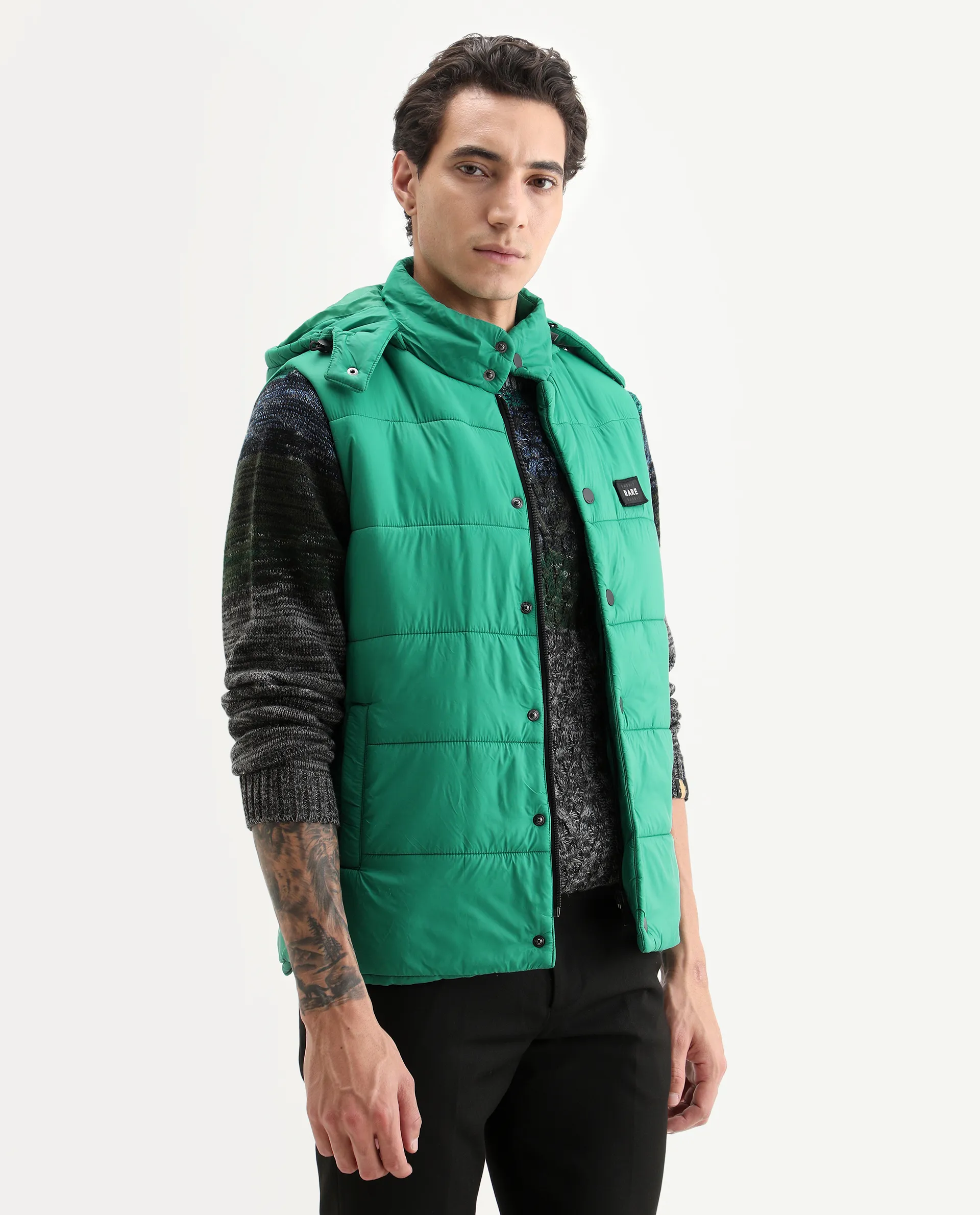 Rare Rabbit Men's Depot Green Nylon Plain Slim Fit Sleeveless Hooded Jacket - Image 6